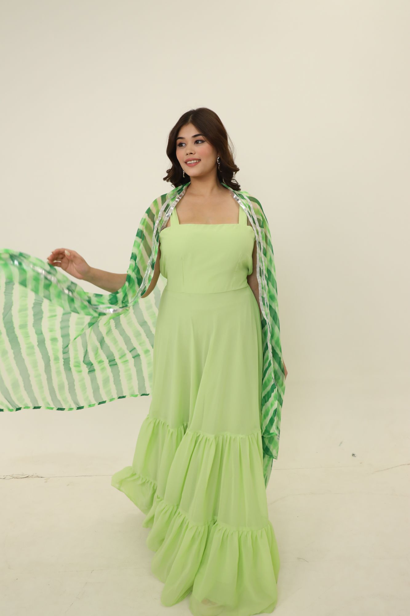 Pista Georgette Dress With Green Lehariya Cape