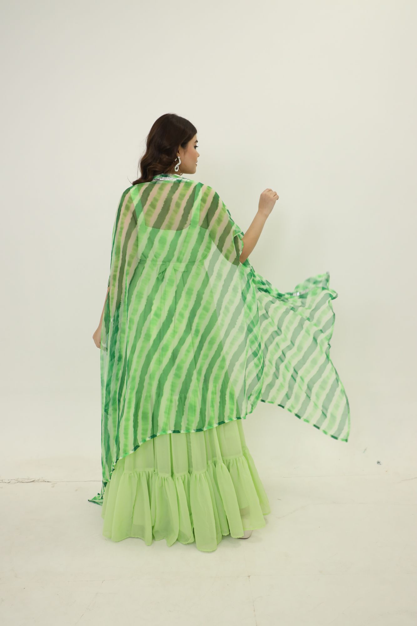Pista Georgette Dress With Green Lehariya Cape
