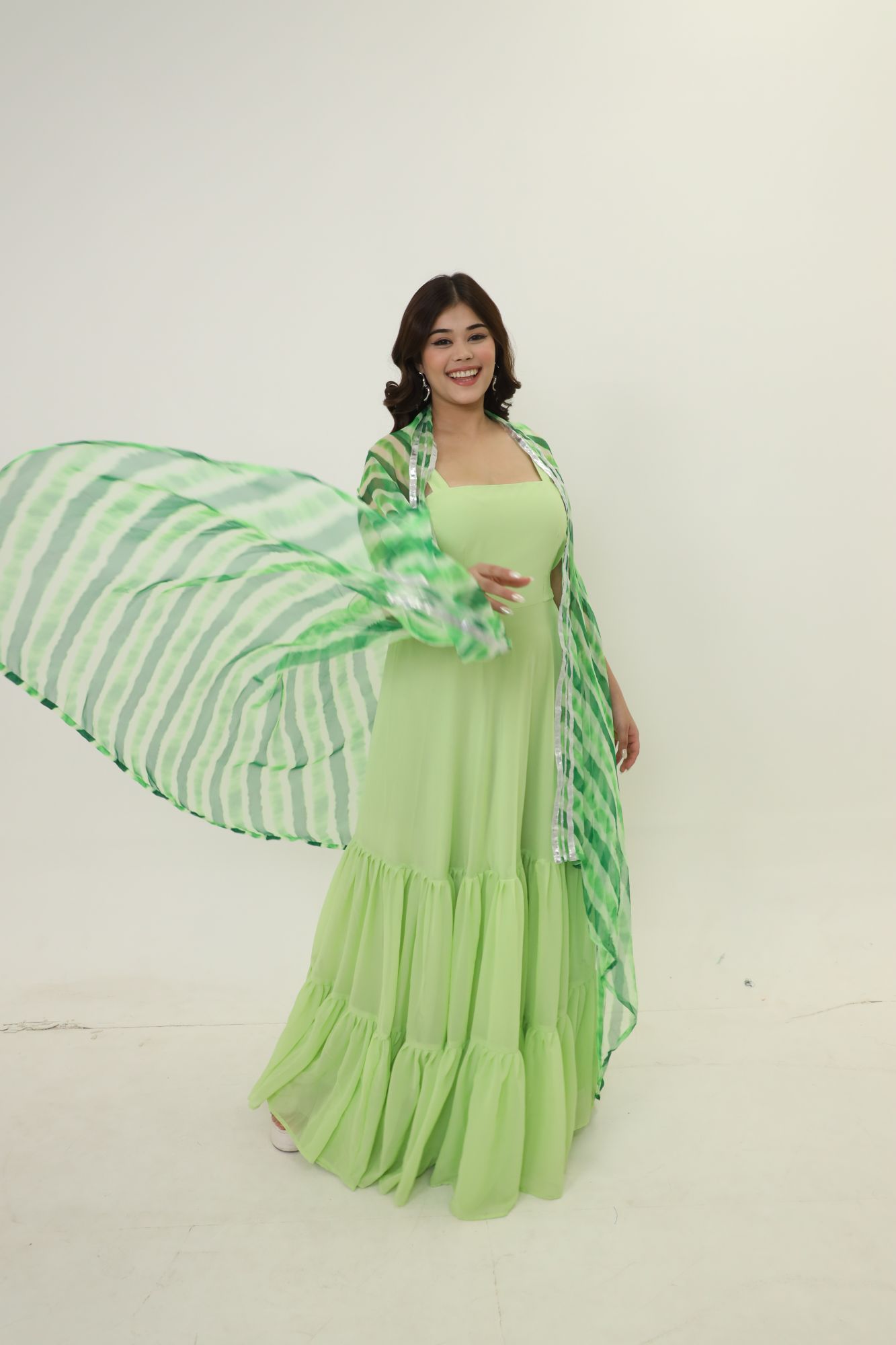 Pista Georgette Dress With Green Lehariya Cape