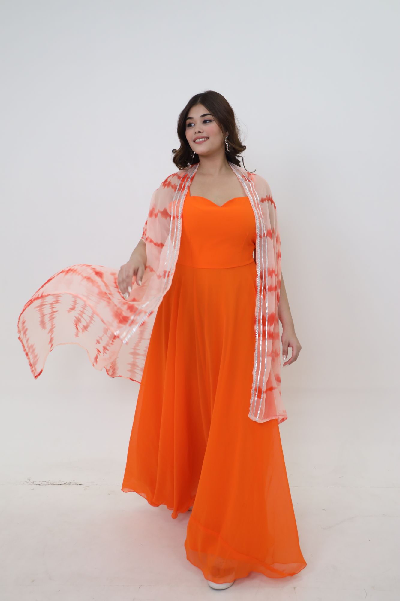 Orange Georgette Dress With Cape