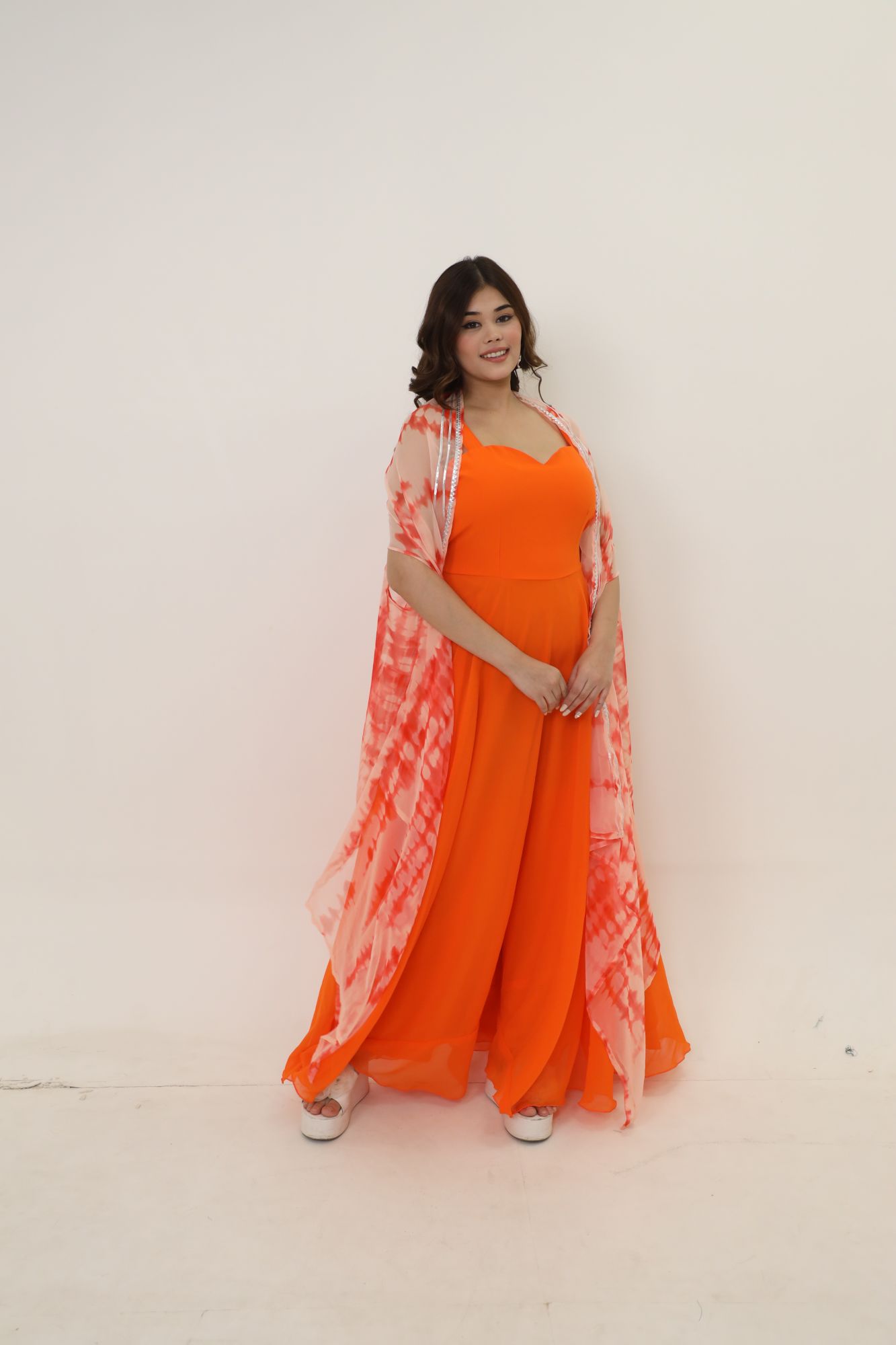 Orange Georgette Dress With Cape