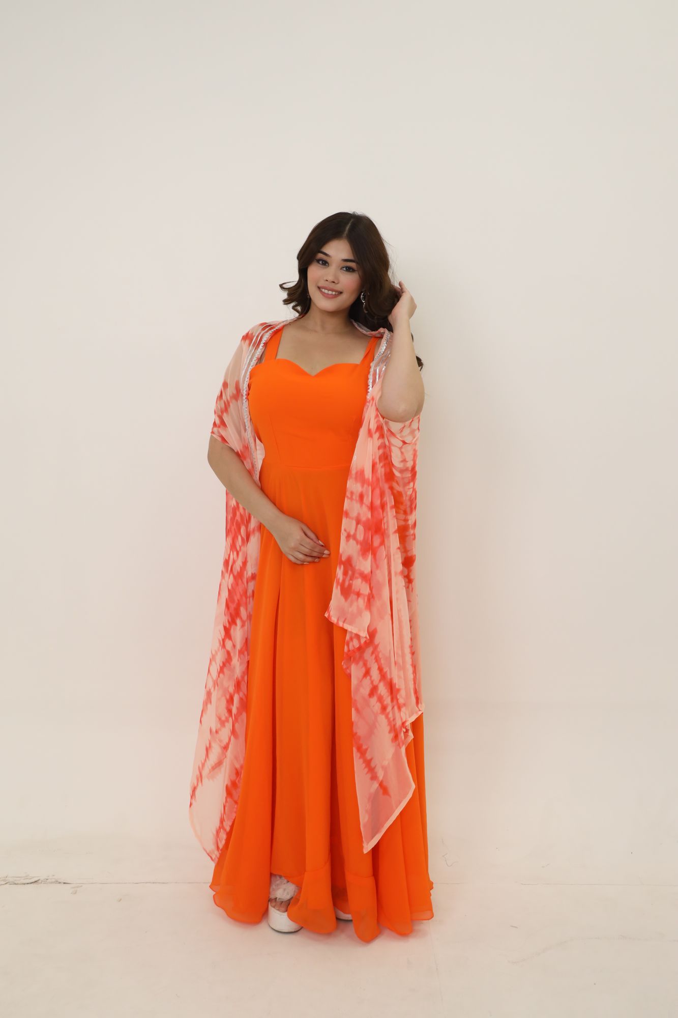 Orange Georgette Dress With Cape