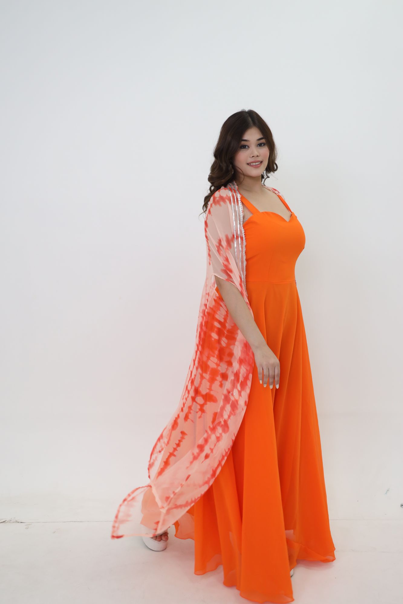 Orange Georgette Dress With Cape