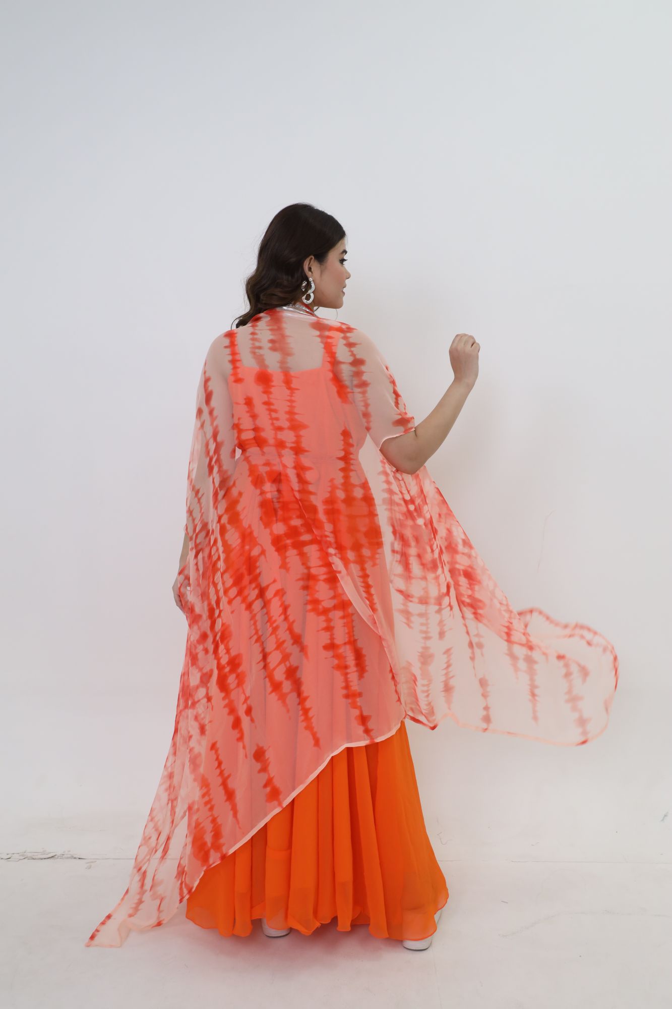 Orange Georgette Dress With Cape