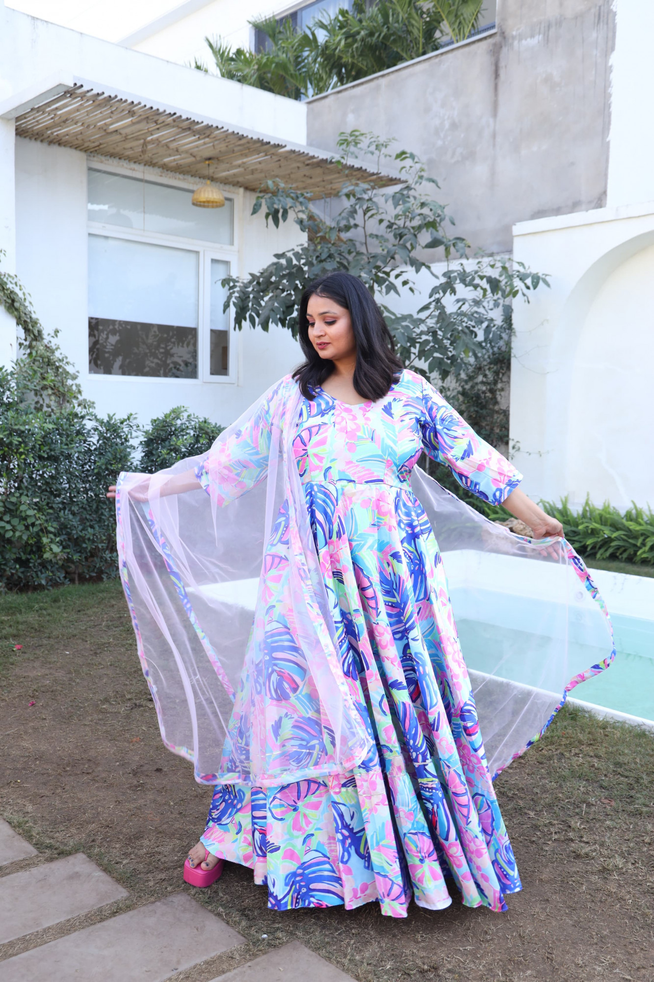 Bold Leaf Silk Anarkali Set