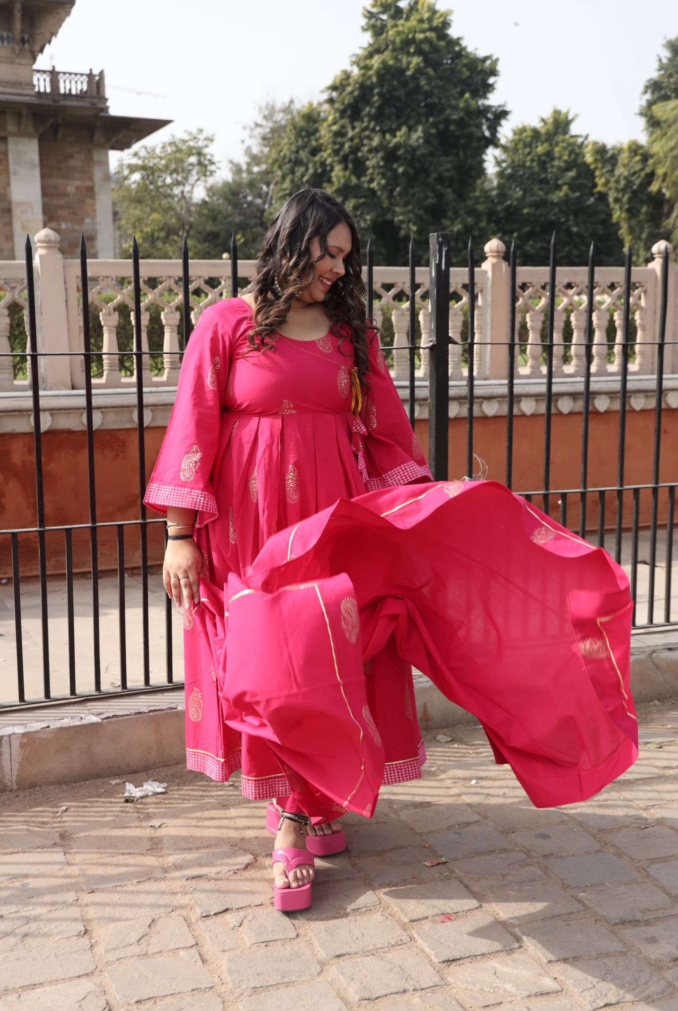 Rani Pink Handblock Anarkali And Dupatta