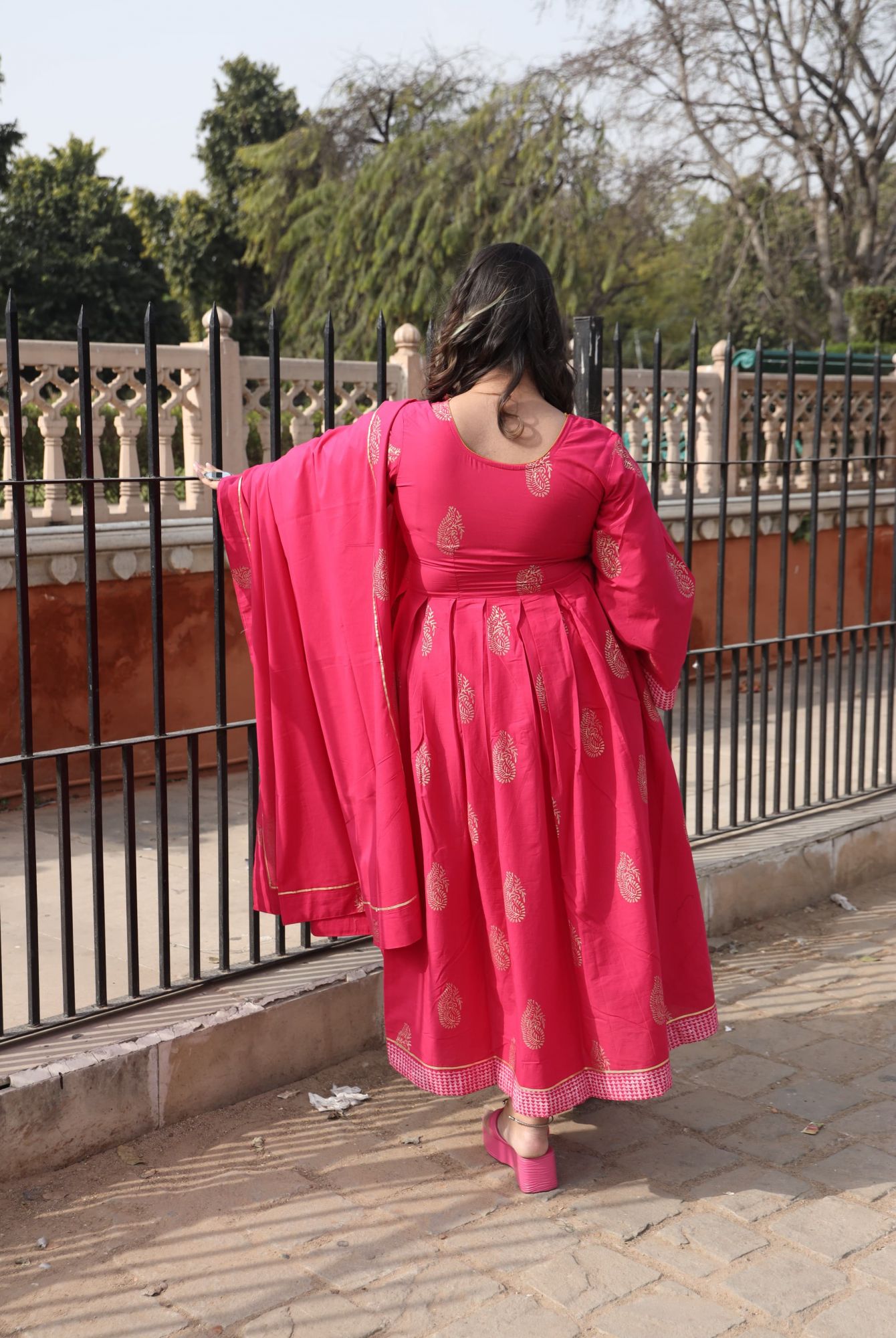 Rani Pink Handblock Anarkali And Dupatta