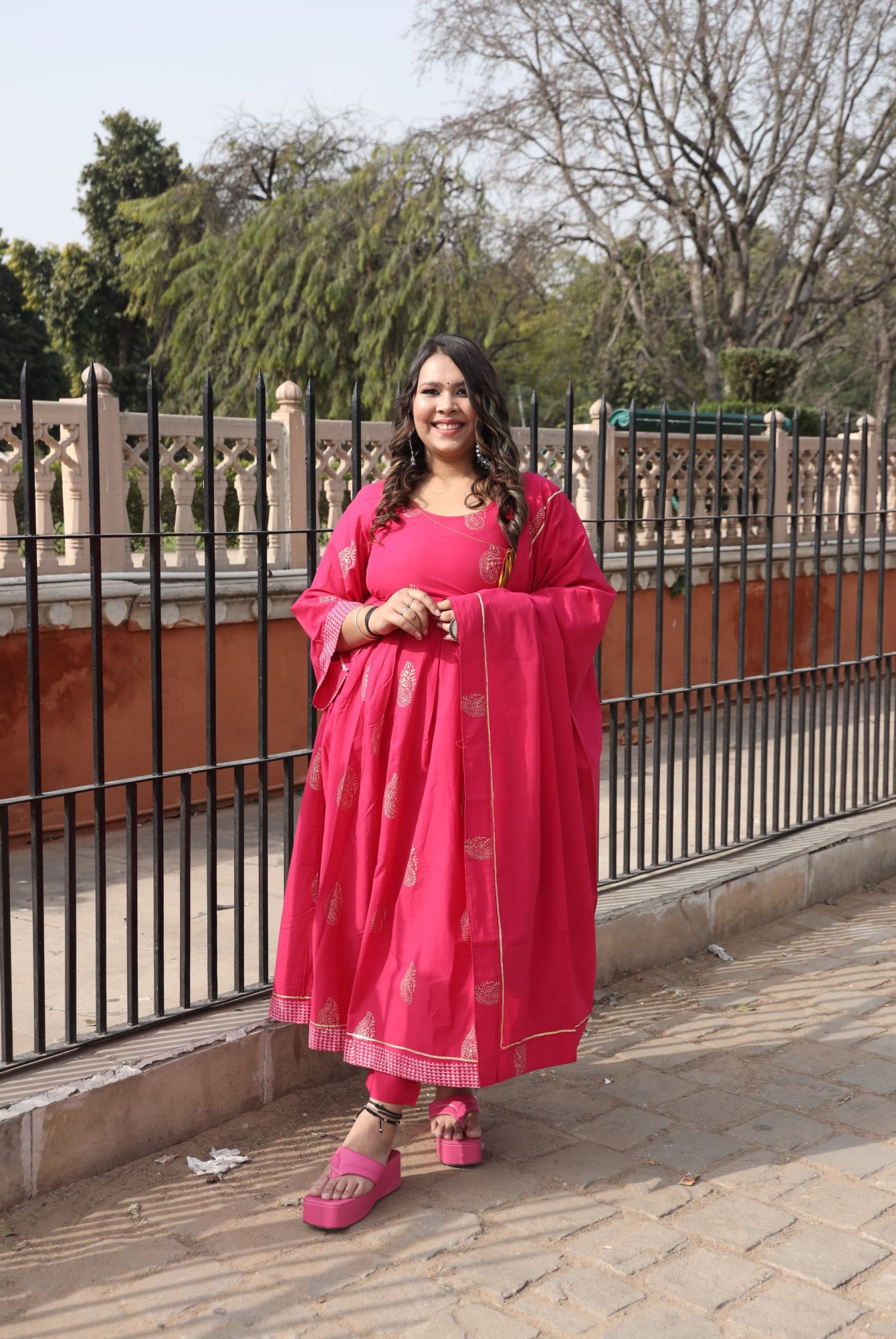 Rani Pink Handblock Anarkali And Dupatta