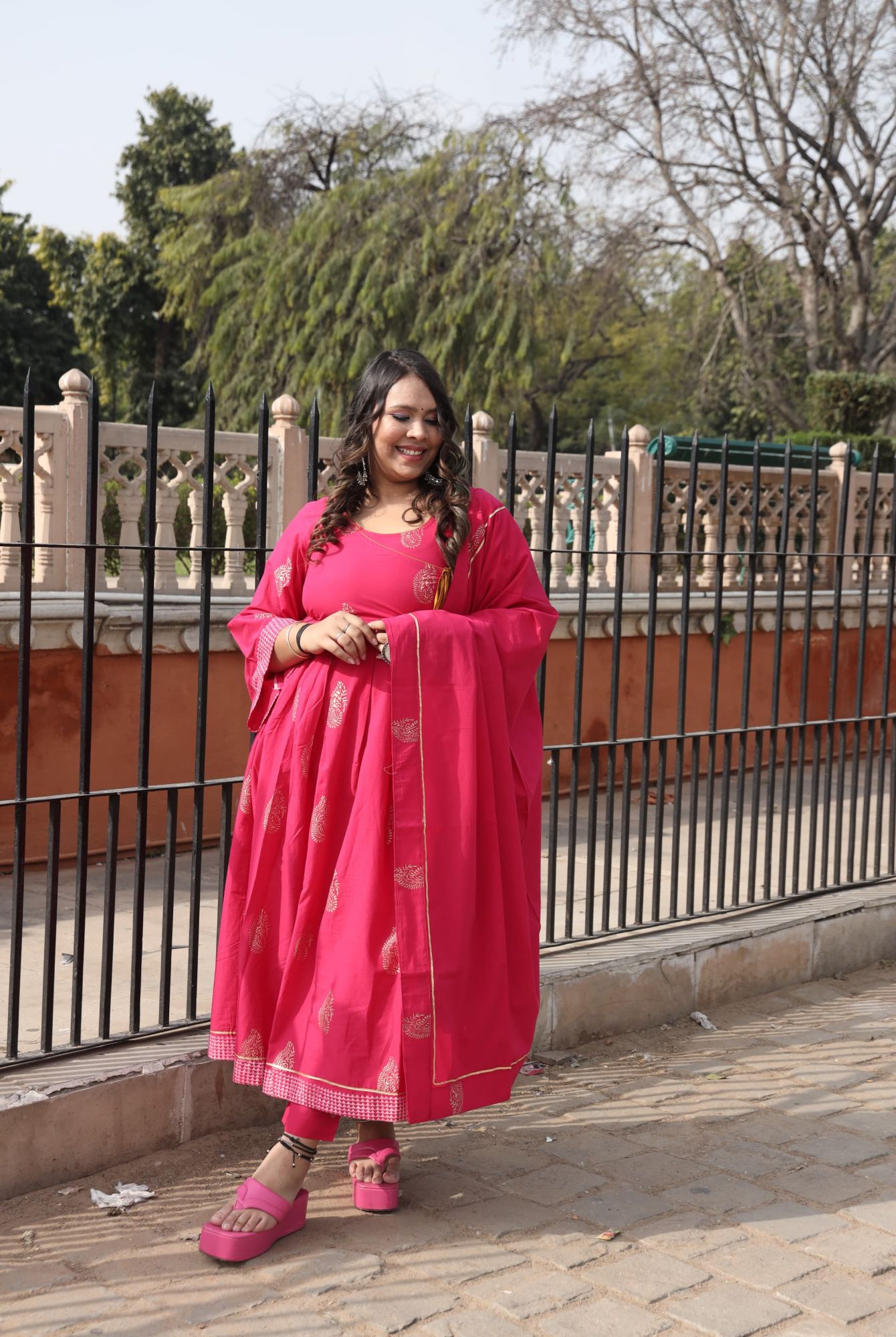 Rani Pink Handblock Anarkali And Dupatta
