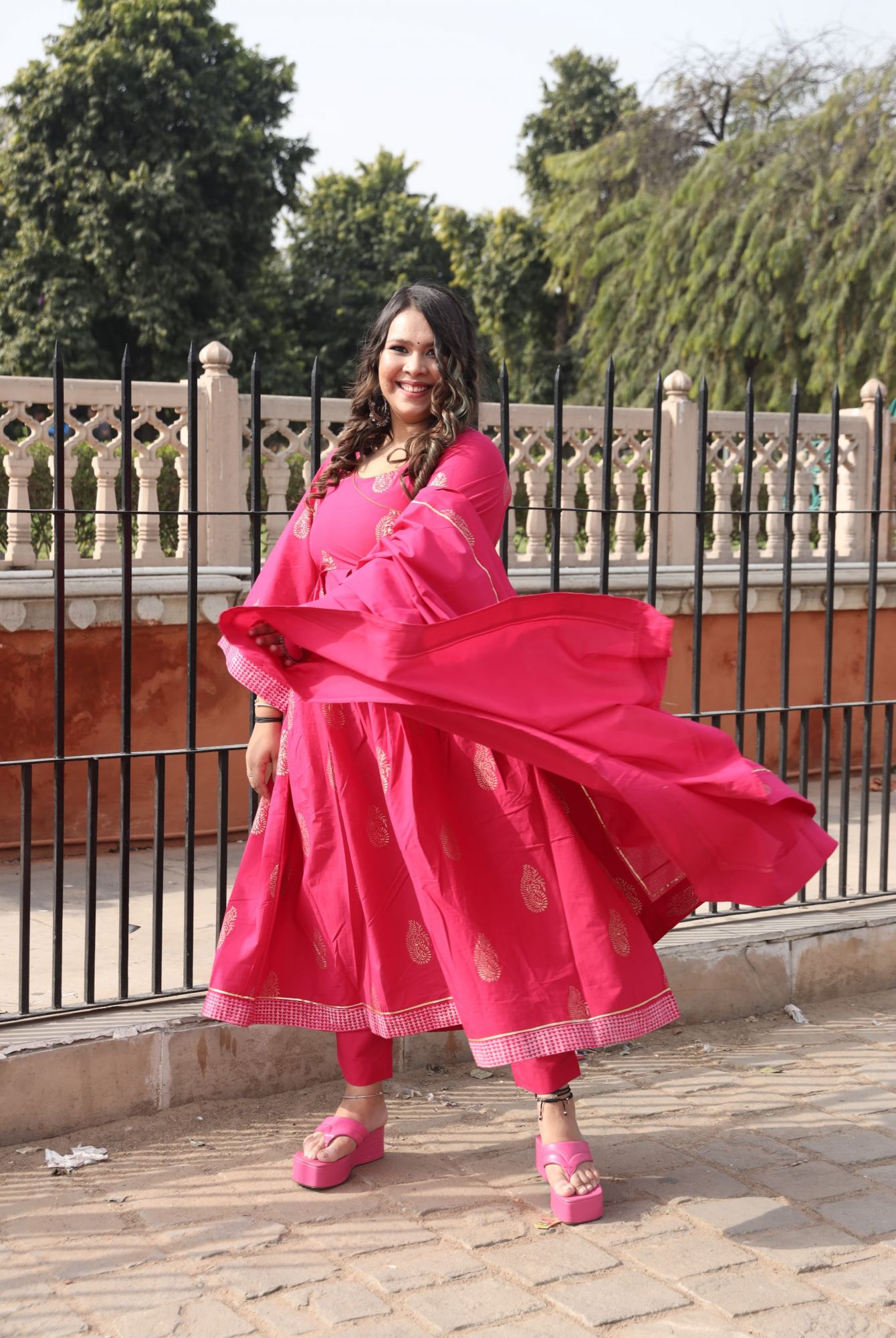 Rani Pink Handblock Anarkali And Dupatta