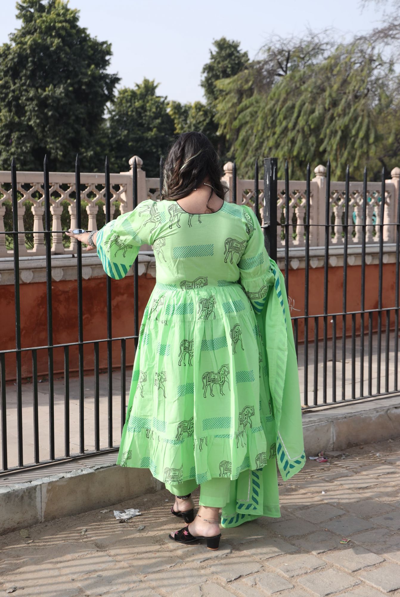 Parrot Green Handblock Anarkali With Dupatta