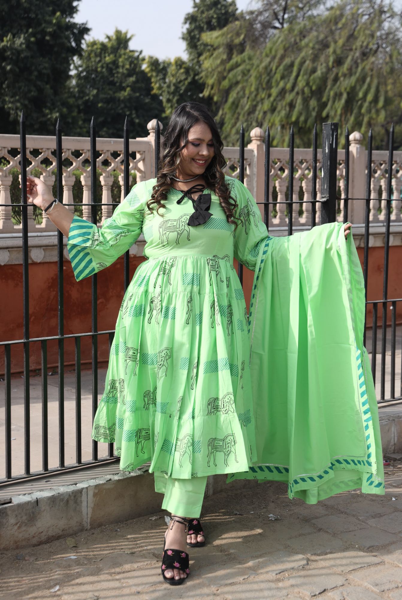 Parrot Green Handblock Anarkali With Dupatta
