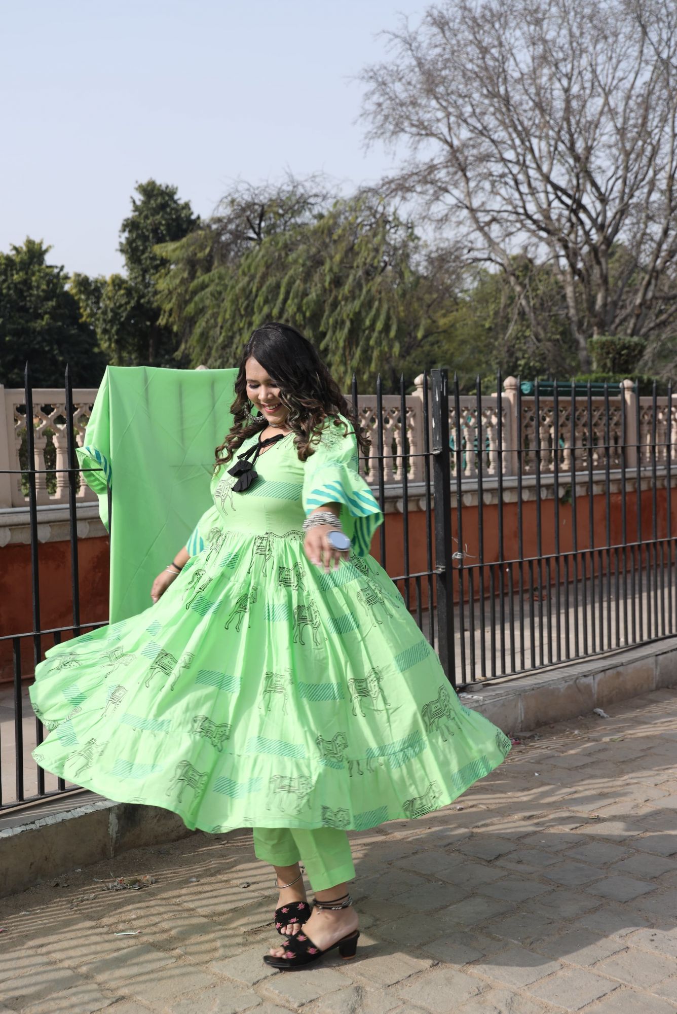 Parrot Green Handblock Anarkali With Dupatta