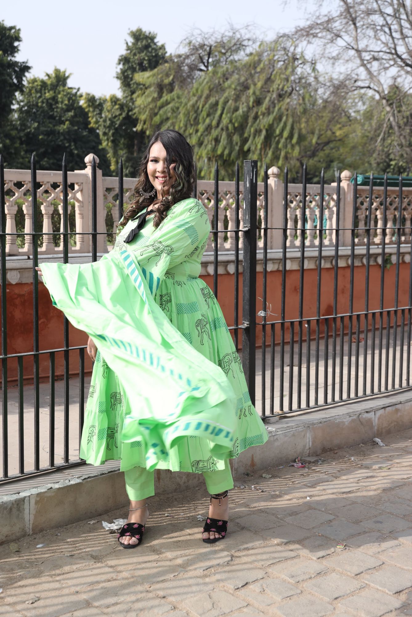 Parrot Green Handblock Anarkali With Dupatta
