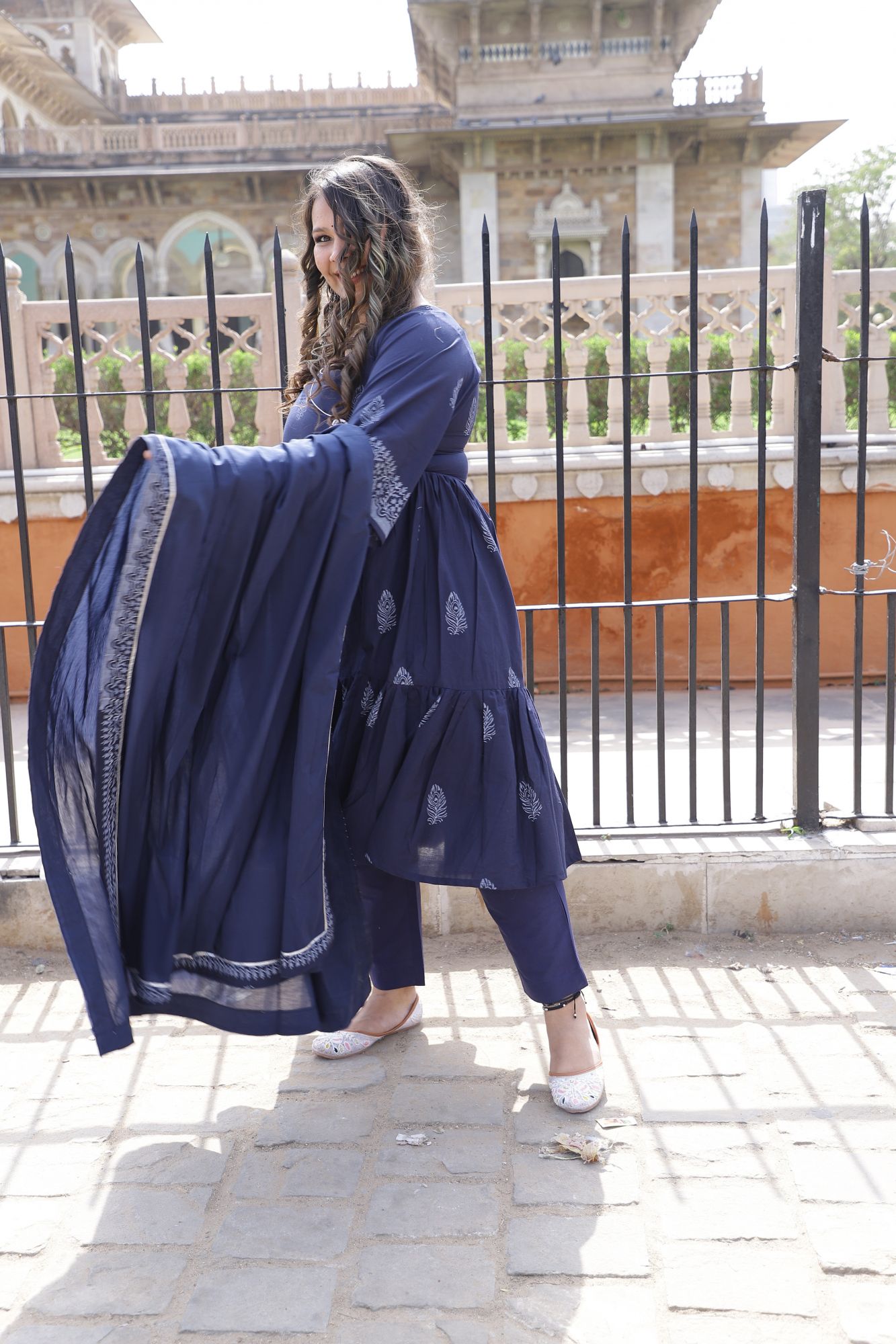 Navy Blue Handblock Anarkali With Dupatta