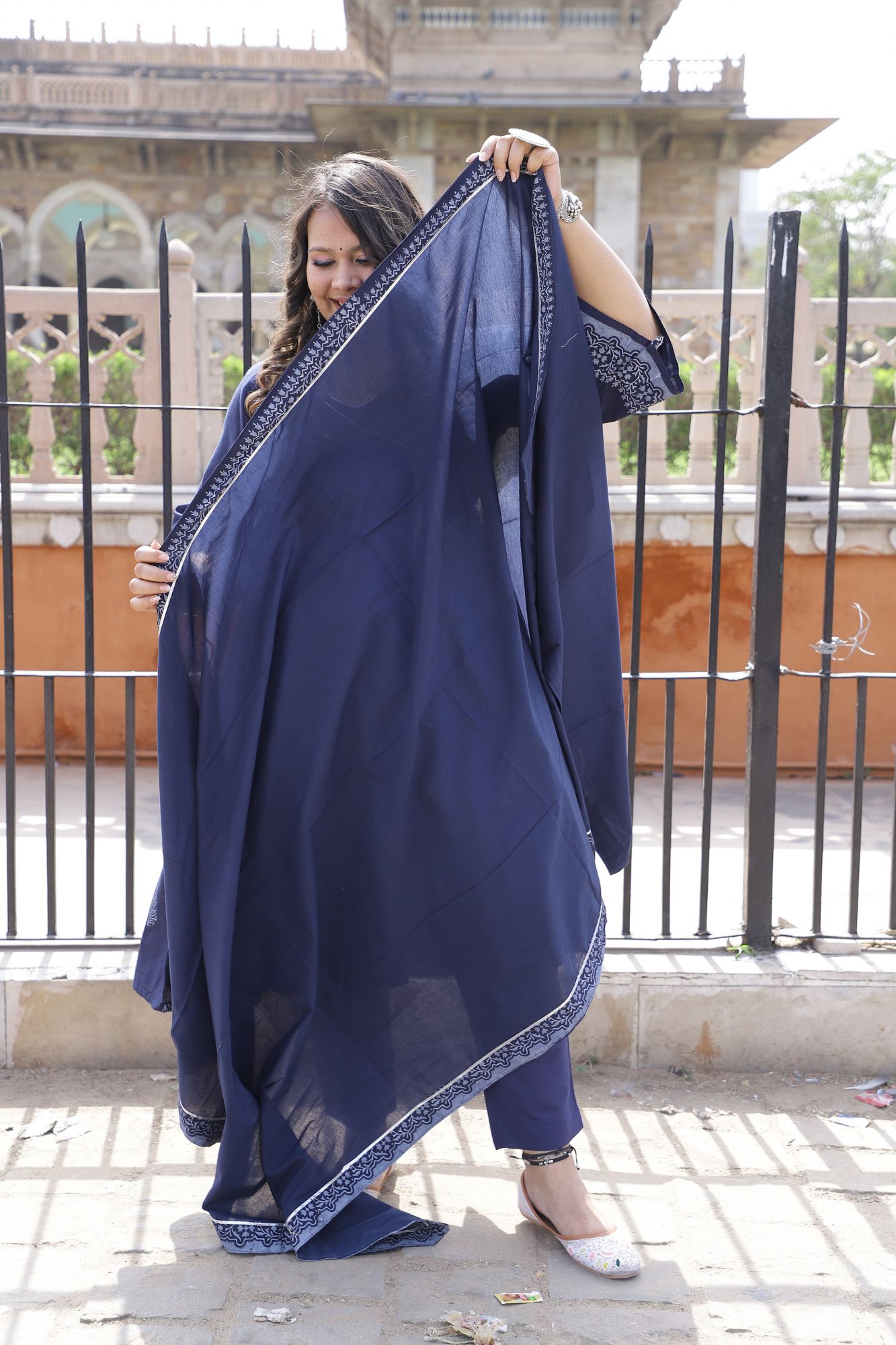 Navy Blue Handblock Anarkali With Dupatta