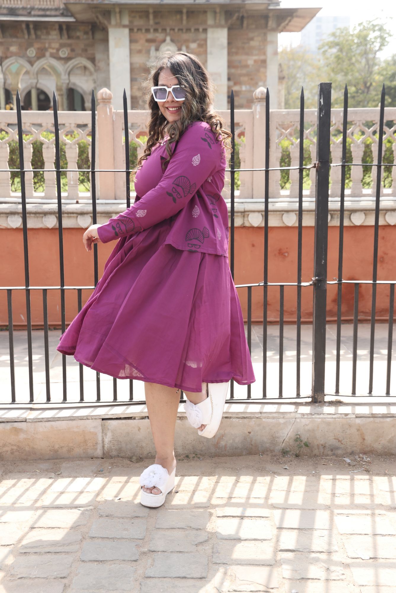 Wine Dress With Handblock Jacket
