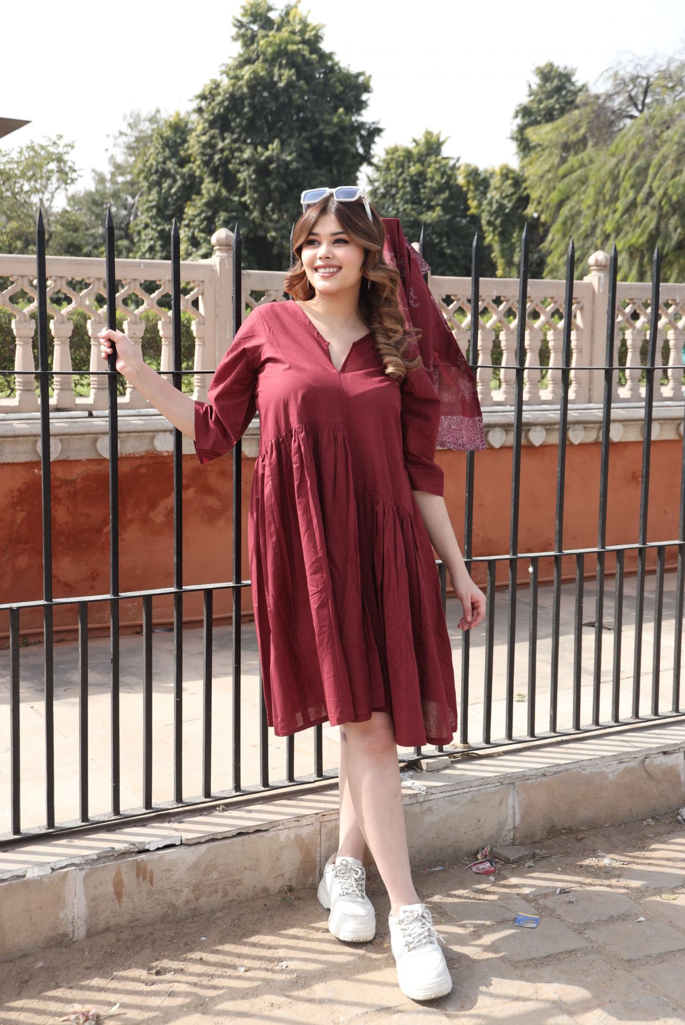 Brick Cotton Tiered Dress