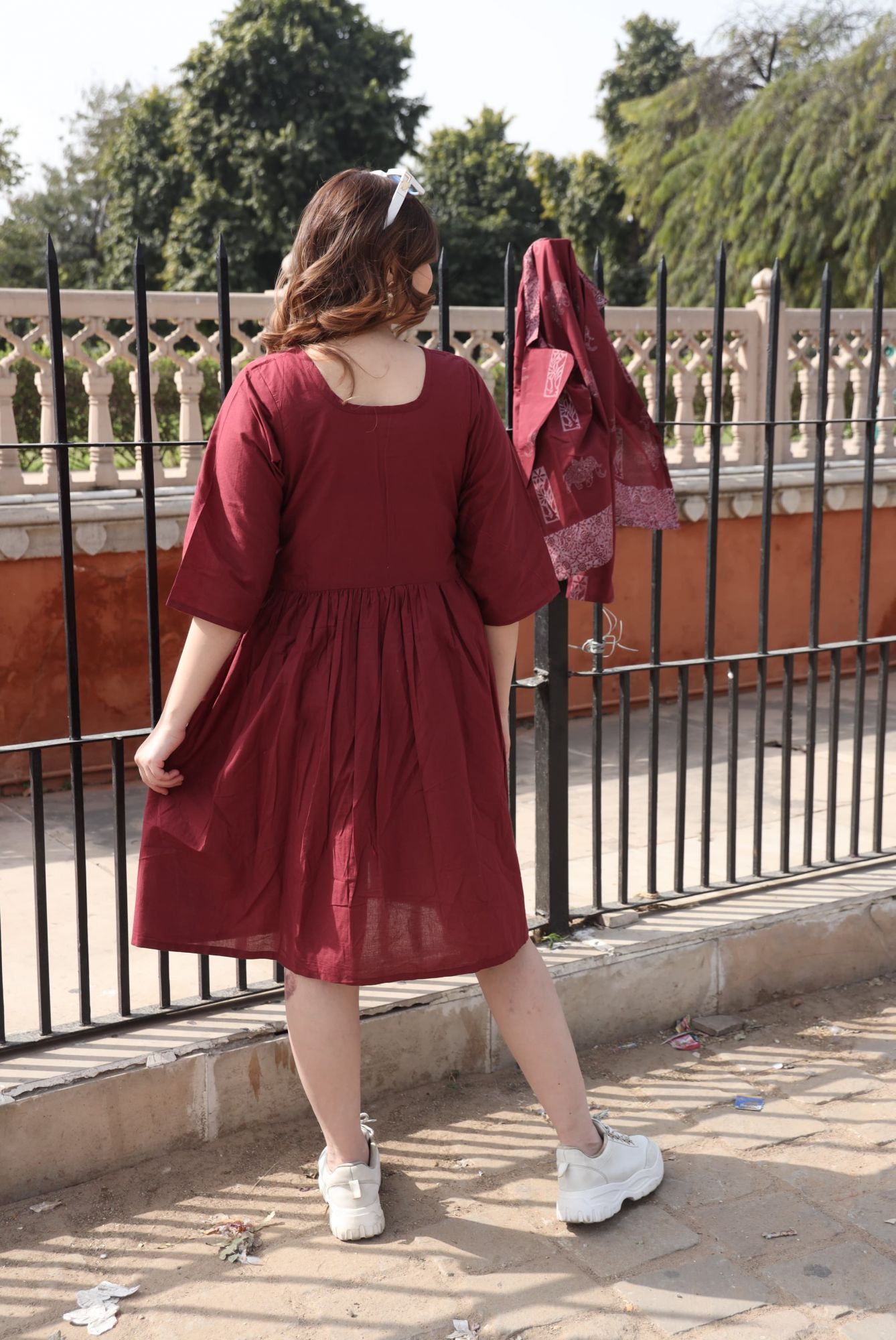 Brick Cotton Tiered Dress