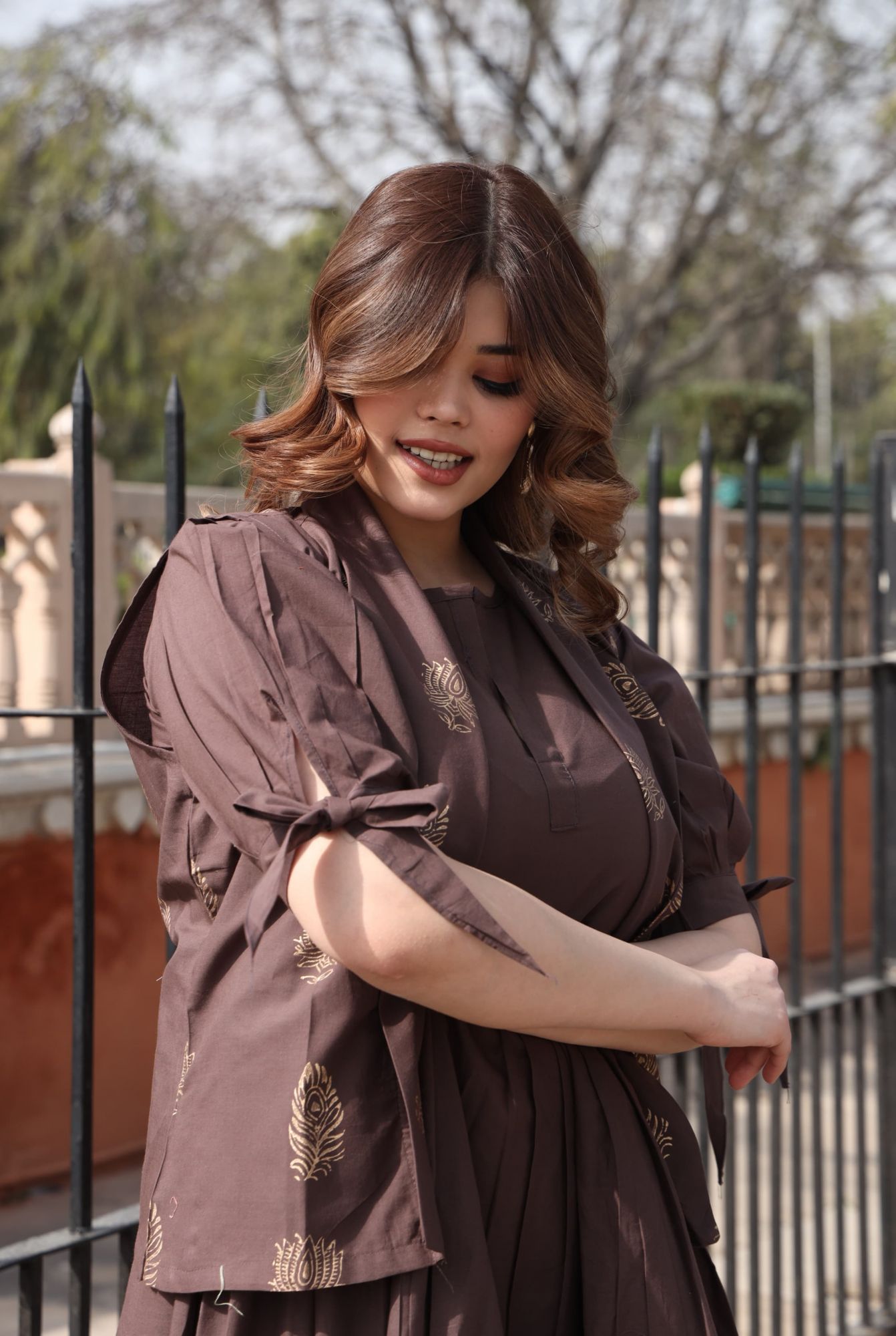 Coffee Dress With Handblock Jacket