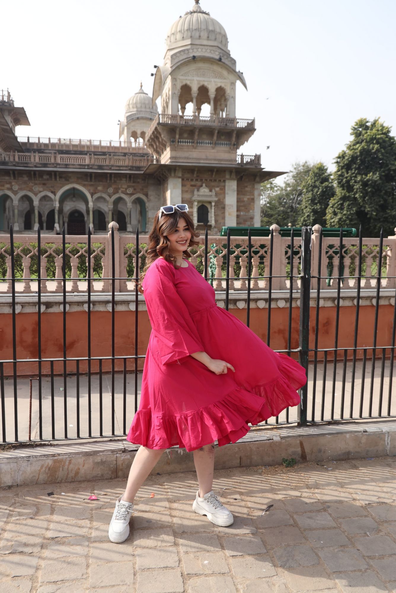 Hot Pink Cotton Tiered Dress