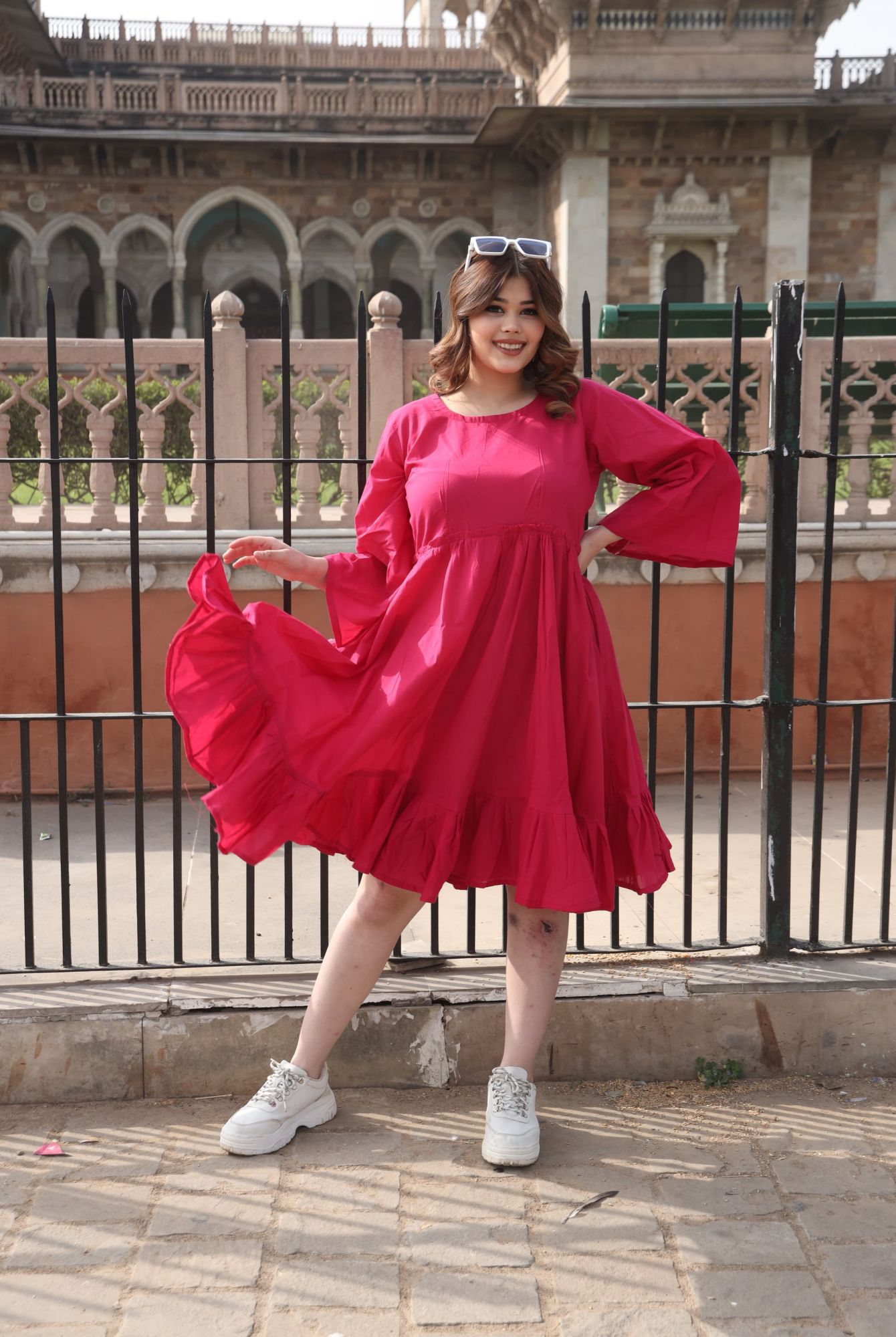 Hot Pink Cotton Tiered Dress