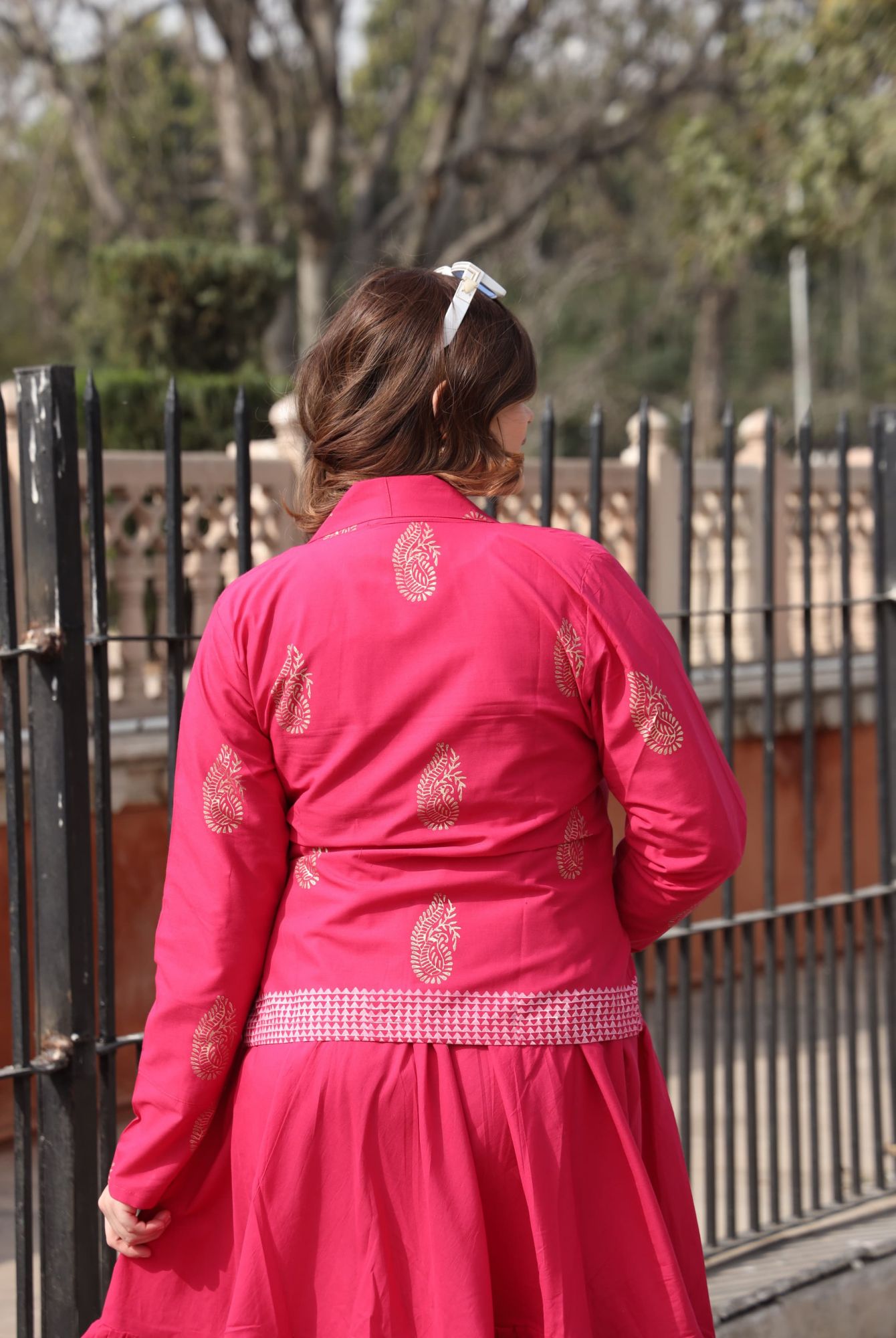 Hot Pink Dress With Handblock Jacket
