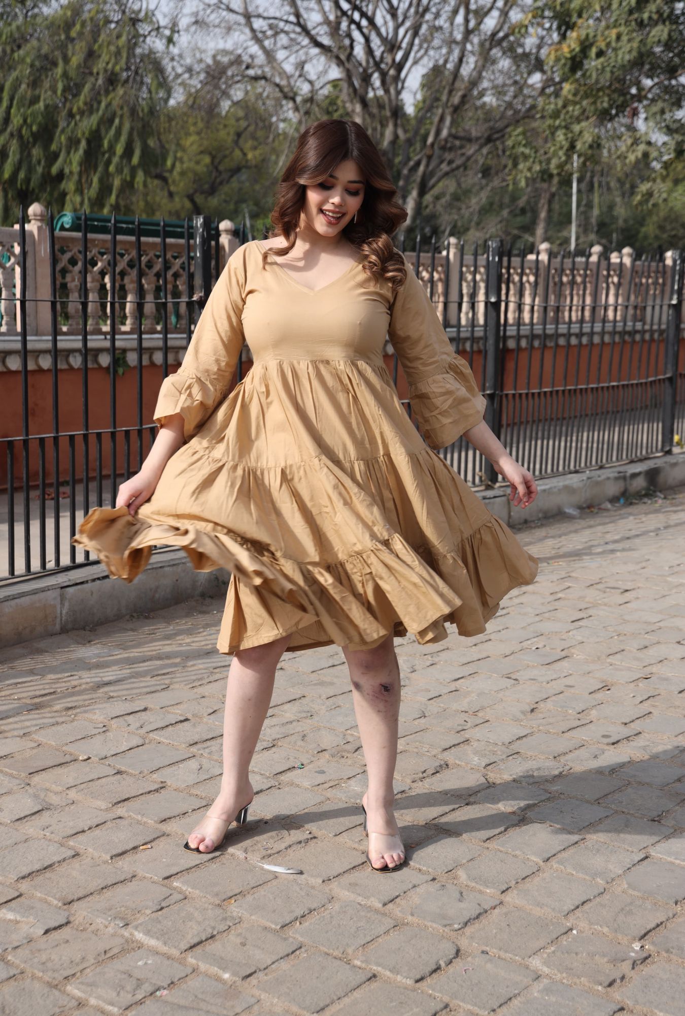 Beige Cotton Tiered Dress