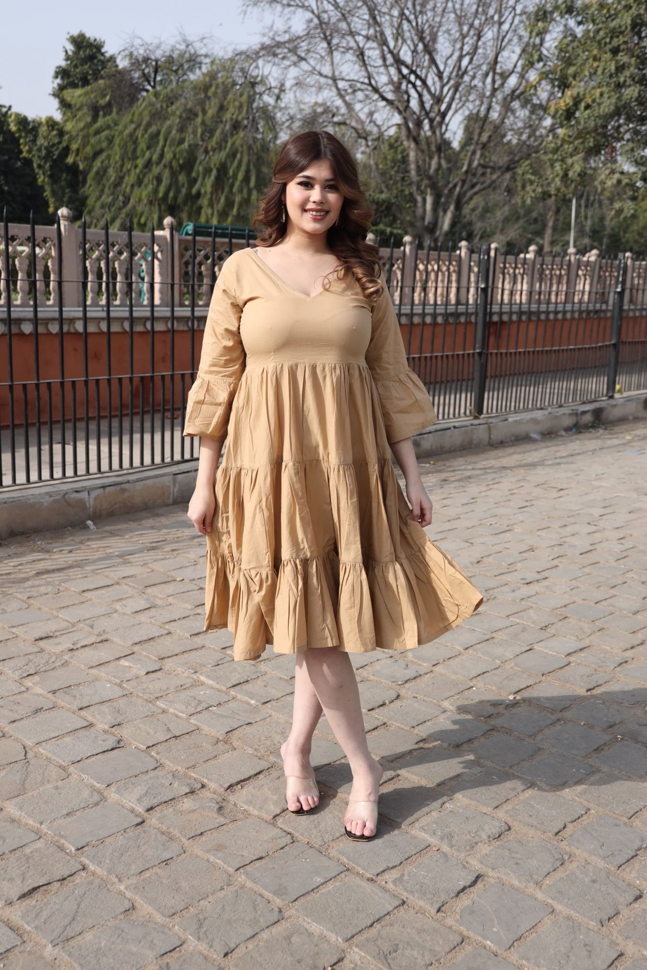 Beige Cotton Tiered Dress