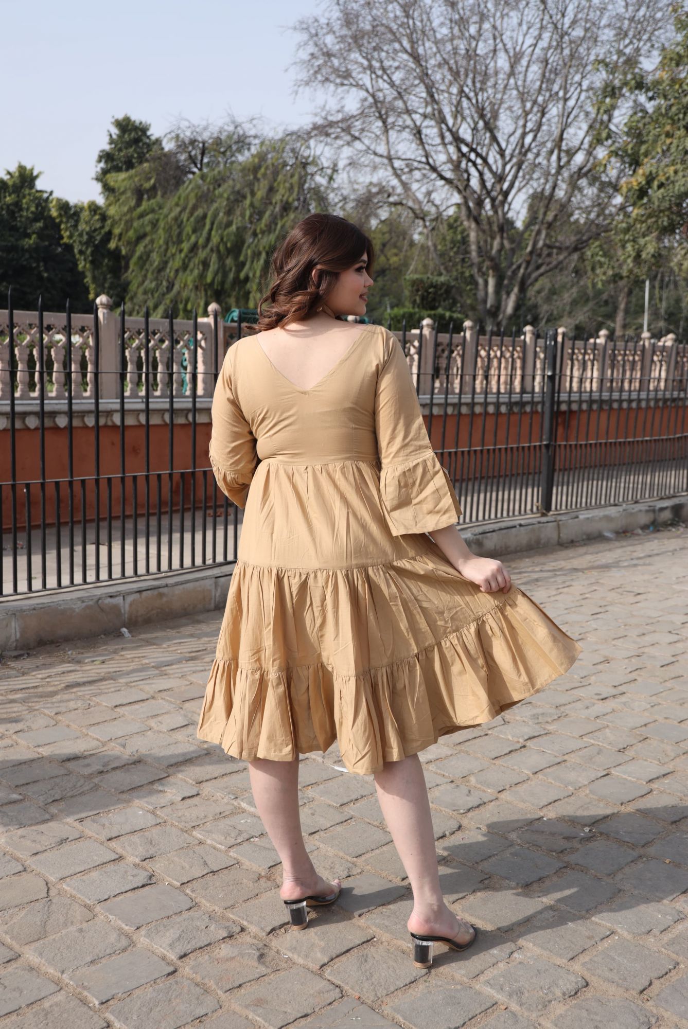 Beige Cotton Tiered Dress