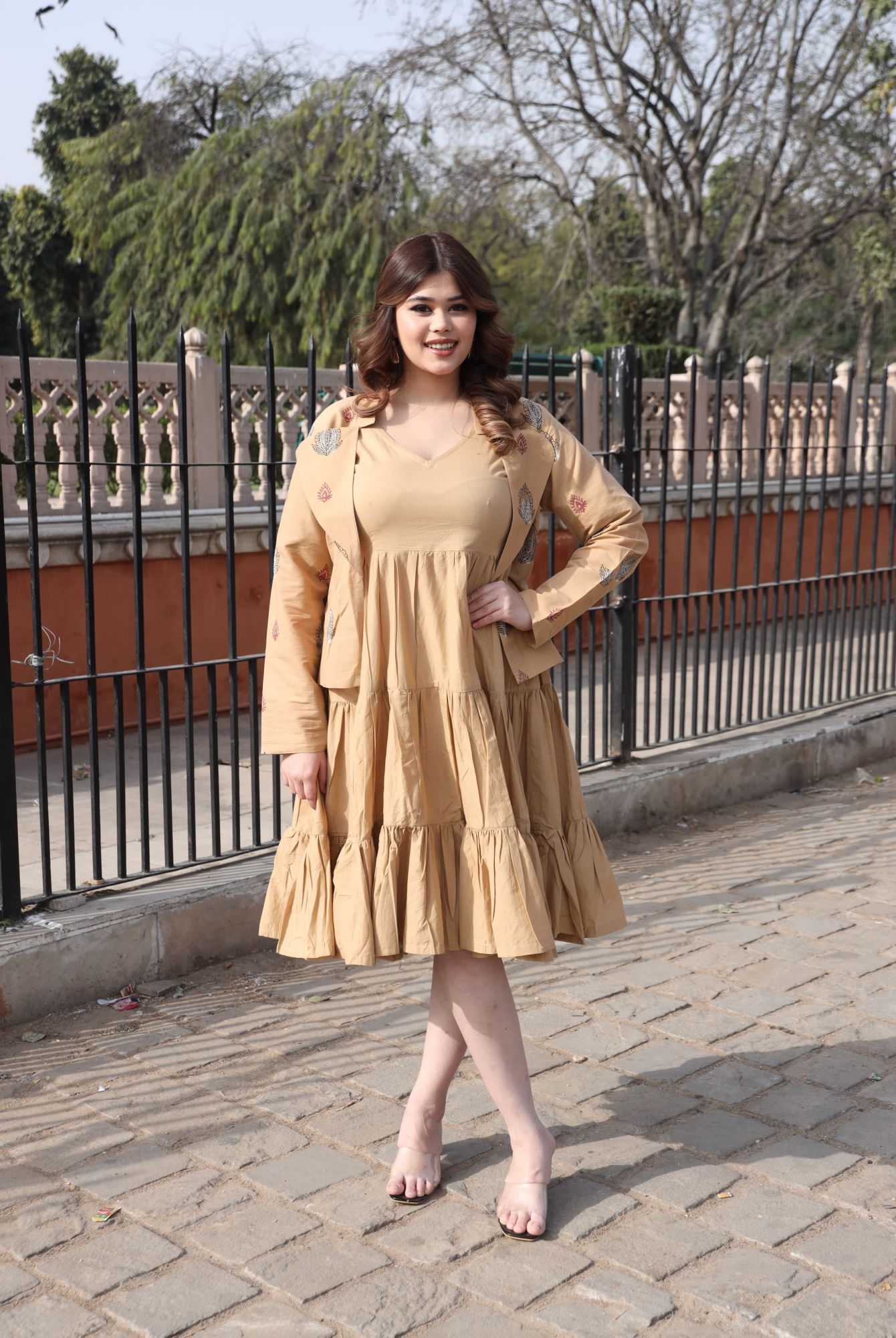 Beige Dress With Handblock Jacket