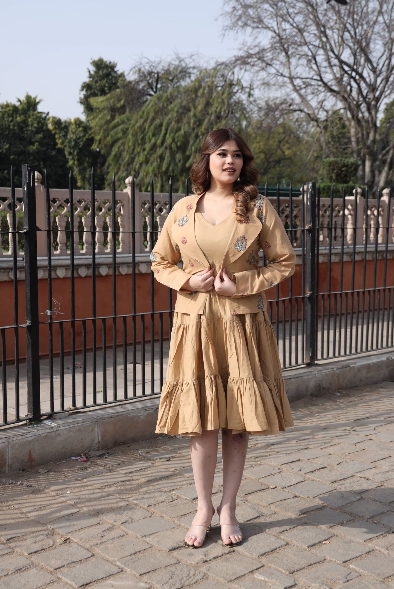 Beige Dress With Handblock Jacket