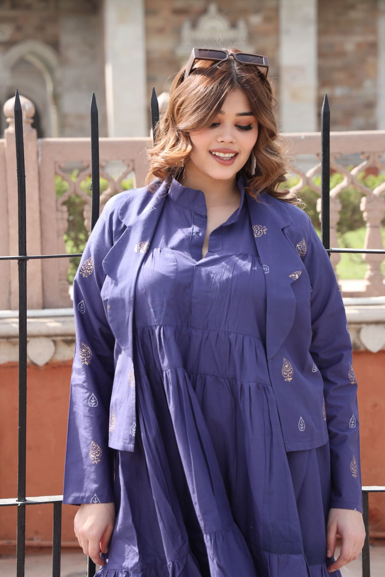 Brinjal Purple Dress With Handblock Jacket