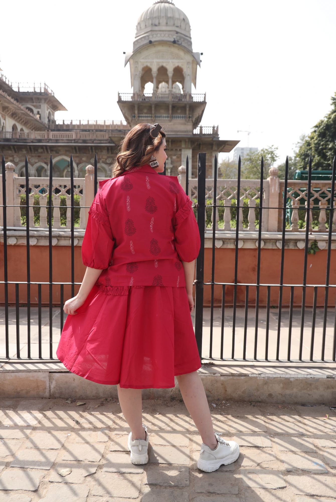 Cherry Red Dress With Handblock Jacket