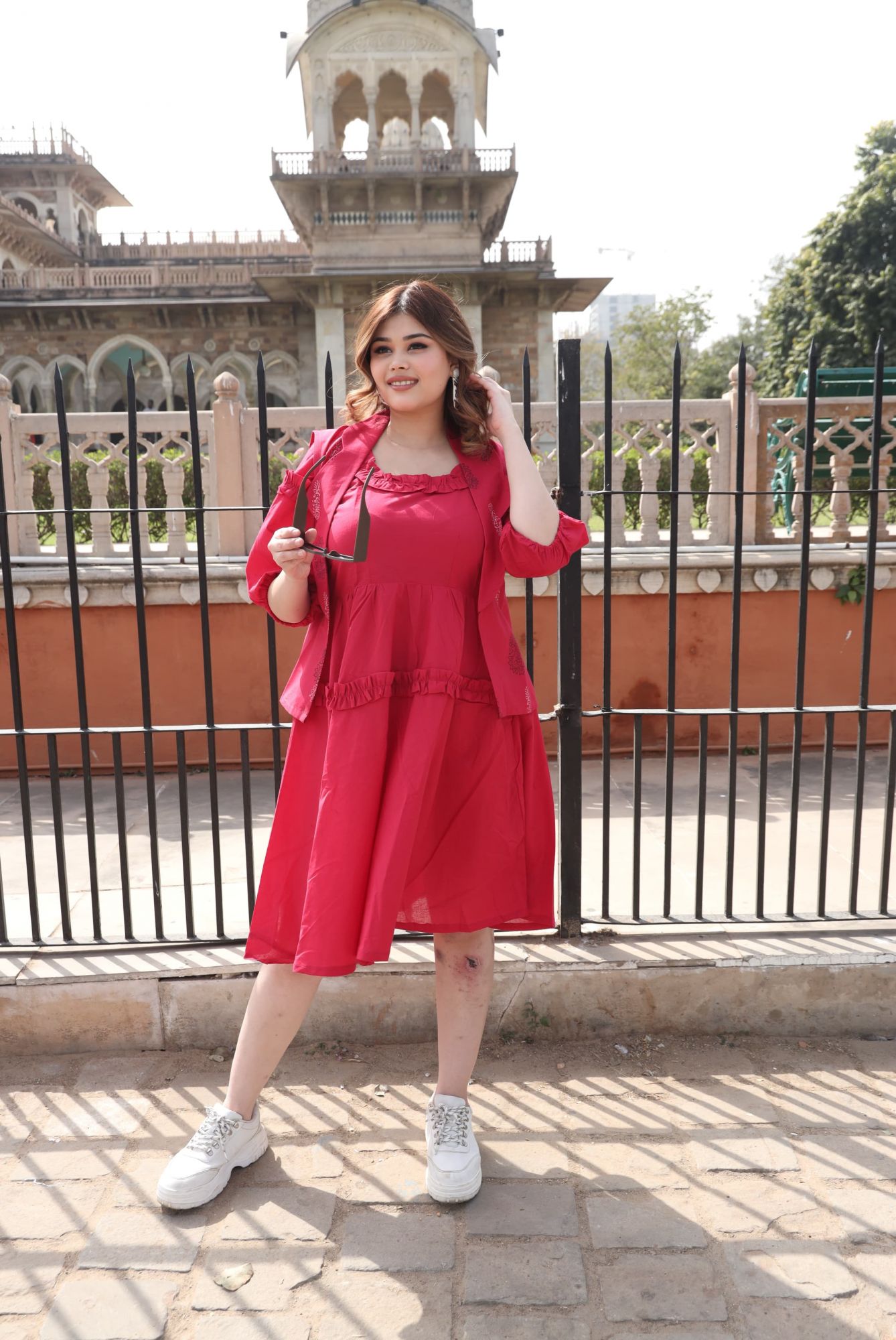 Cherry Red Dress With Handblock Jacket
