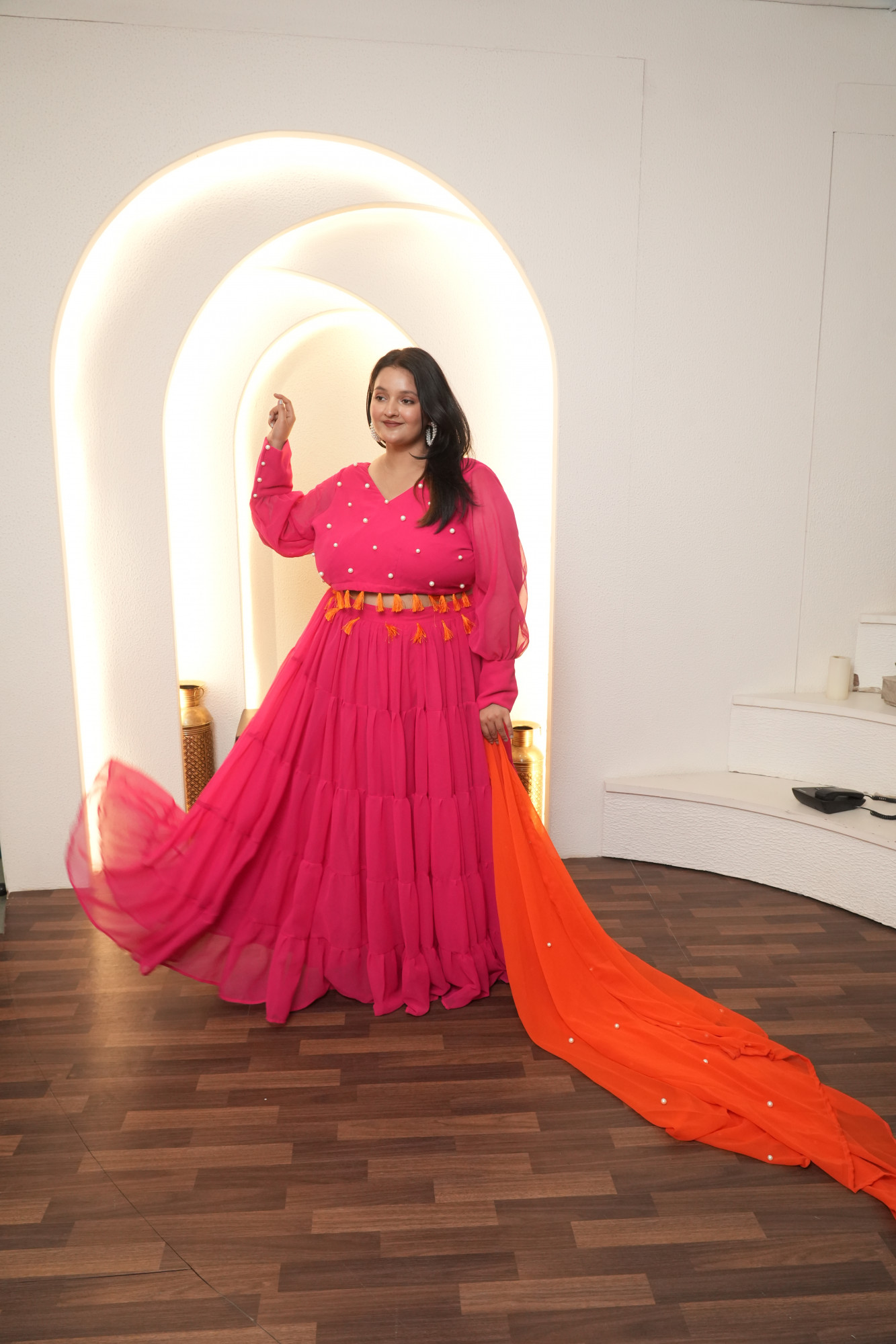 Rani And Orange Magic Tassels Details Georgette Lehenga Set