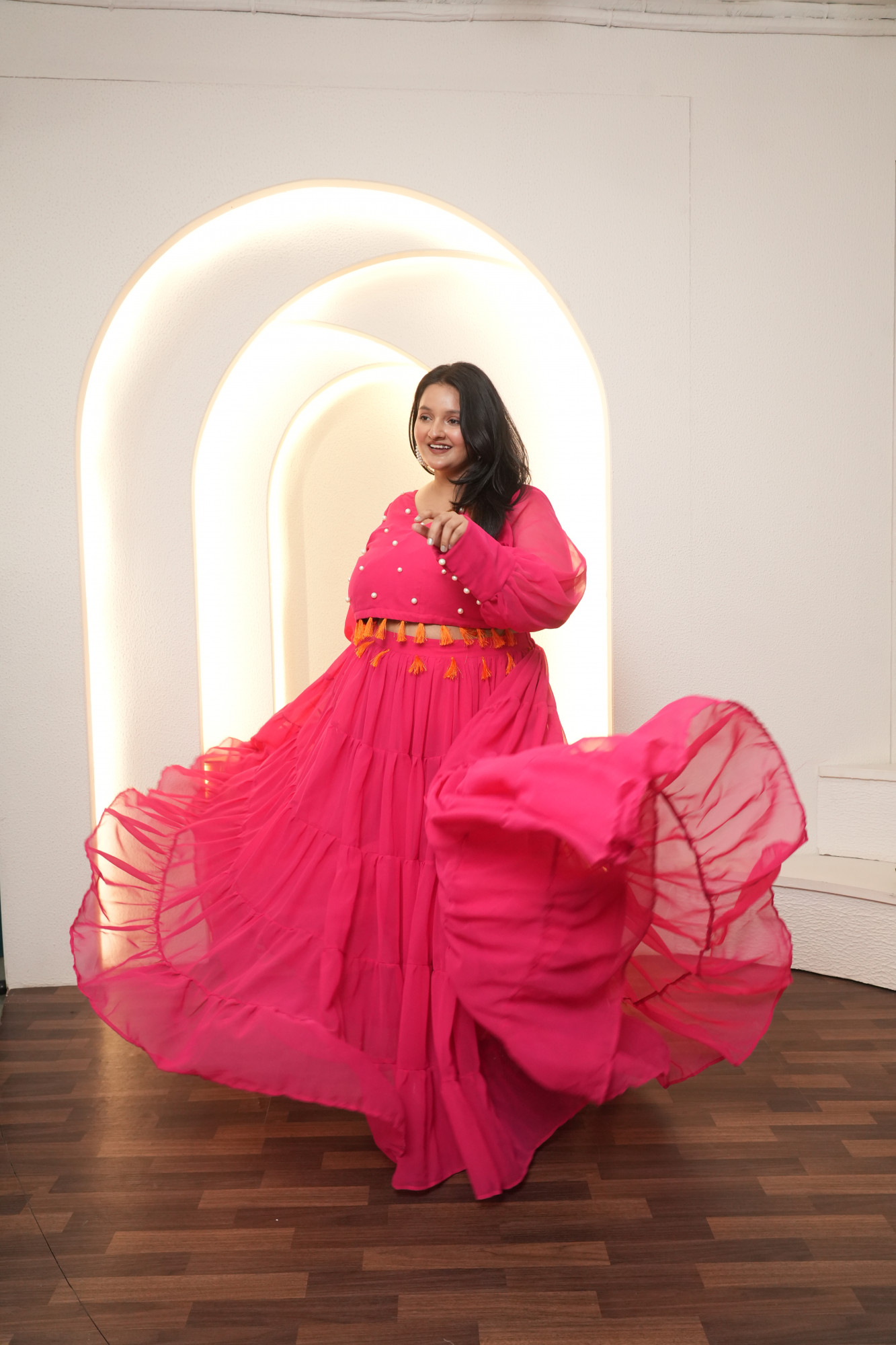 Rani And Orange Magic Tassels Details Georgette Lehenga Set