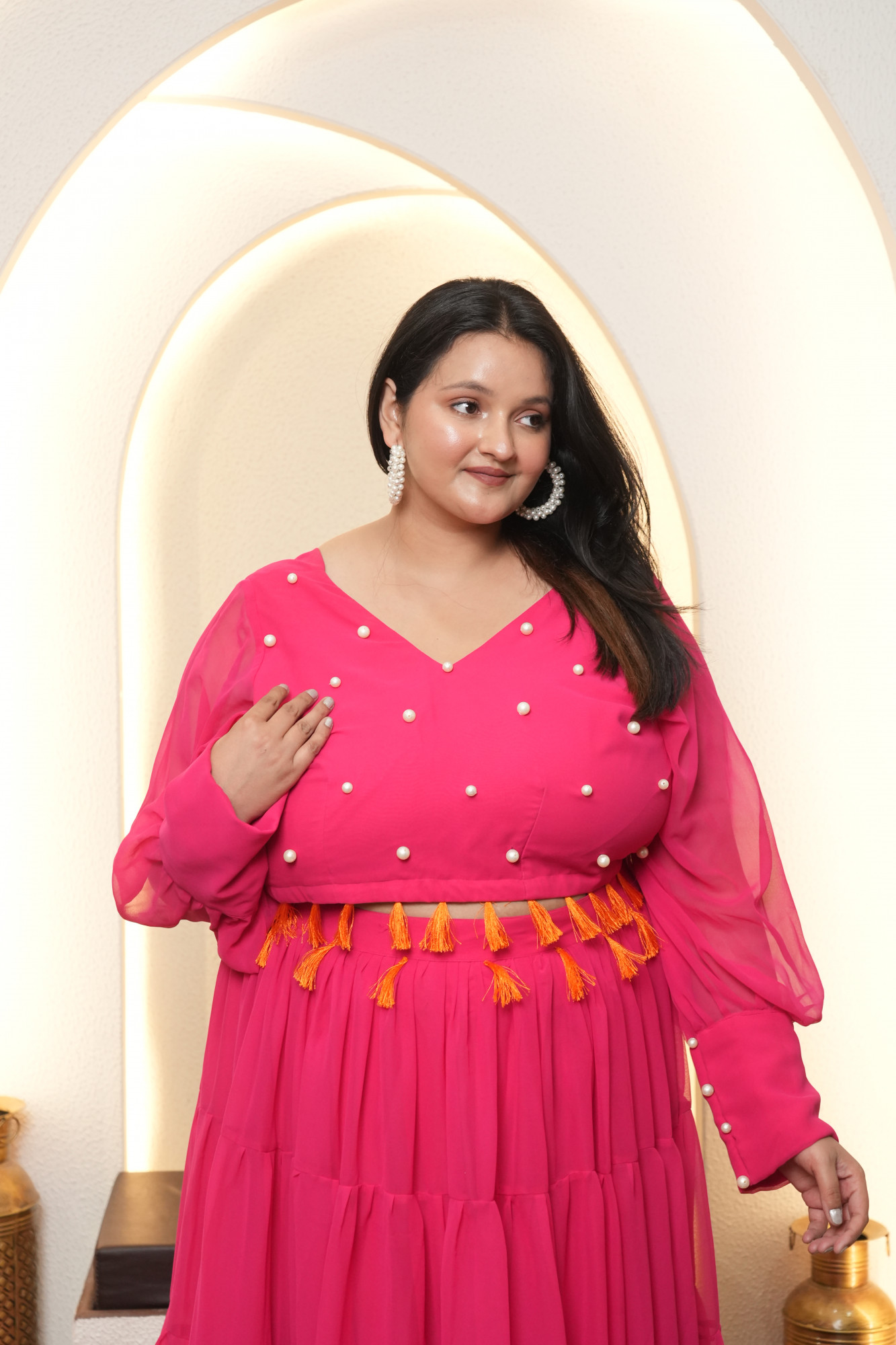 Rani And Orange Magic Tassels Details Georgette Lehenga Set