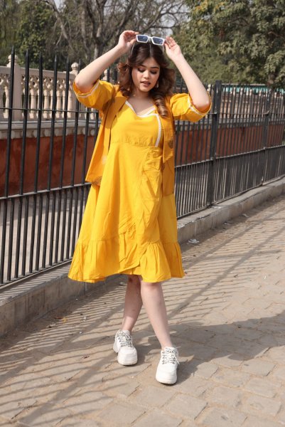 Yellow Dress With Handblock Jacket