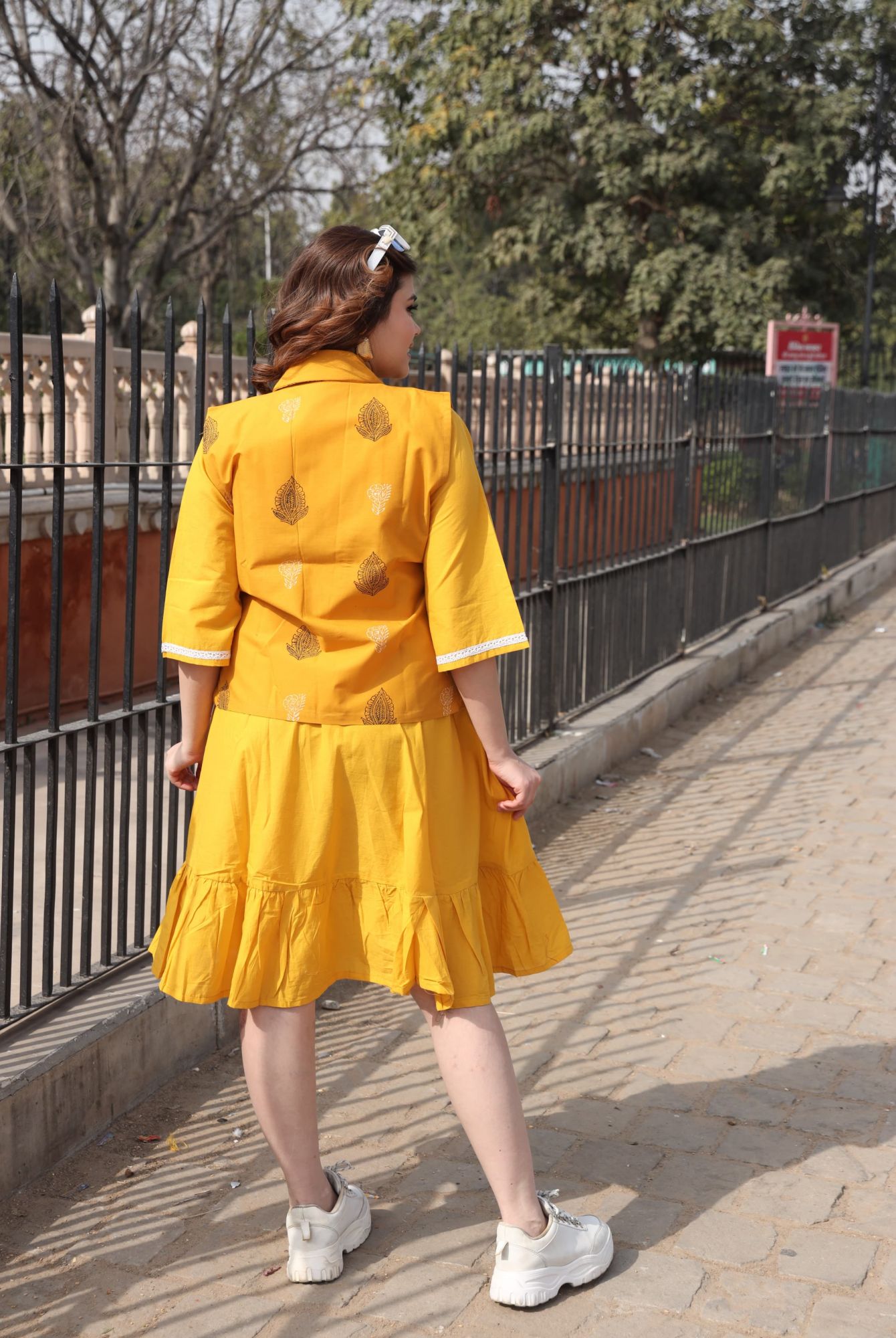 Yellow Dress With Handblock Jacket
