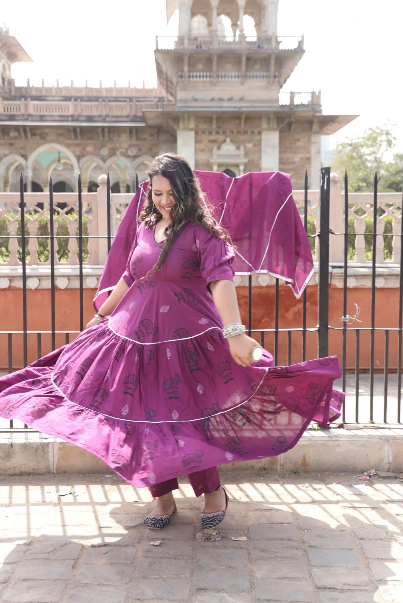 Wine Handblock Anarkali Set