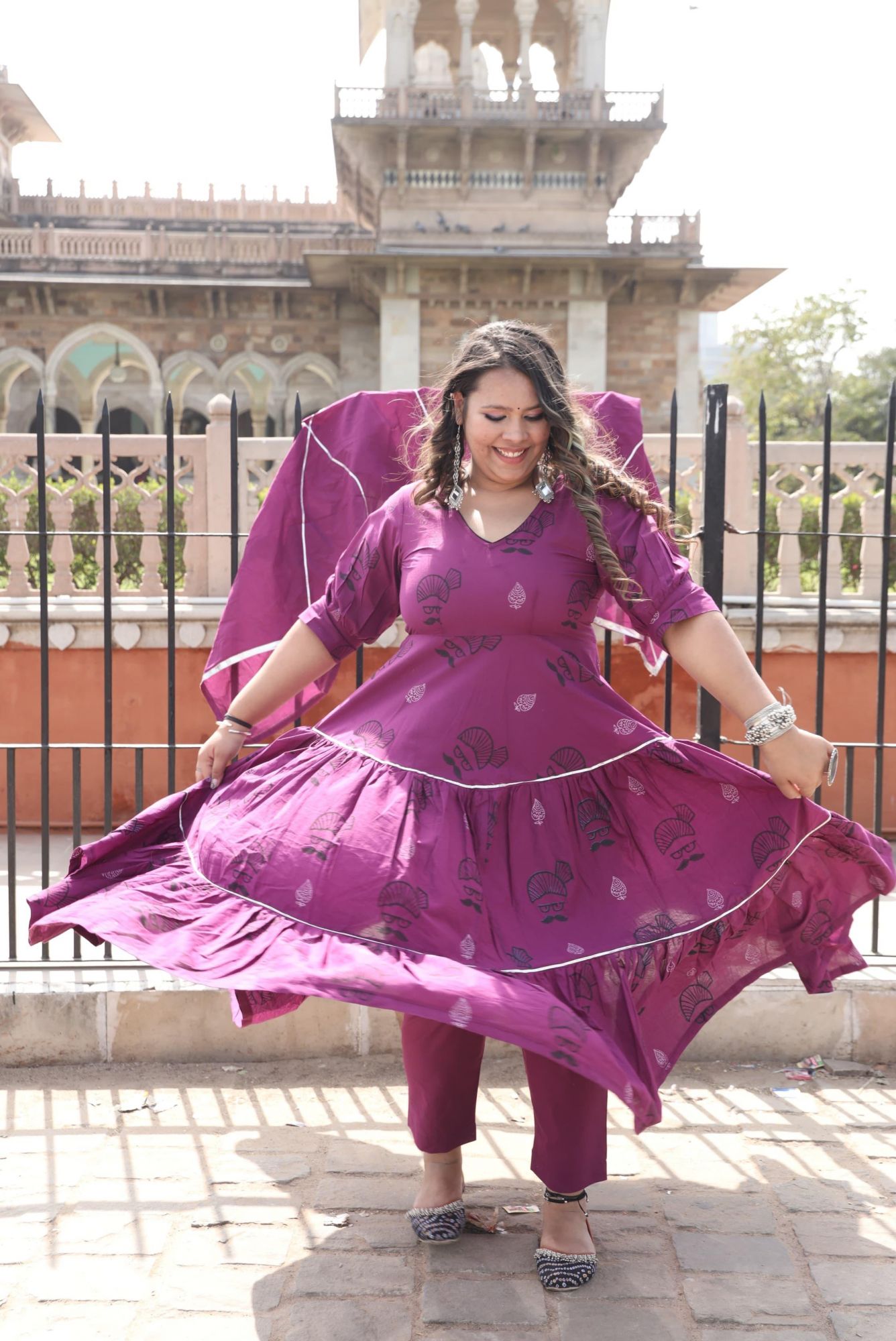 Wine Handblock Anarkali Set