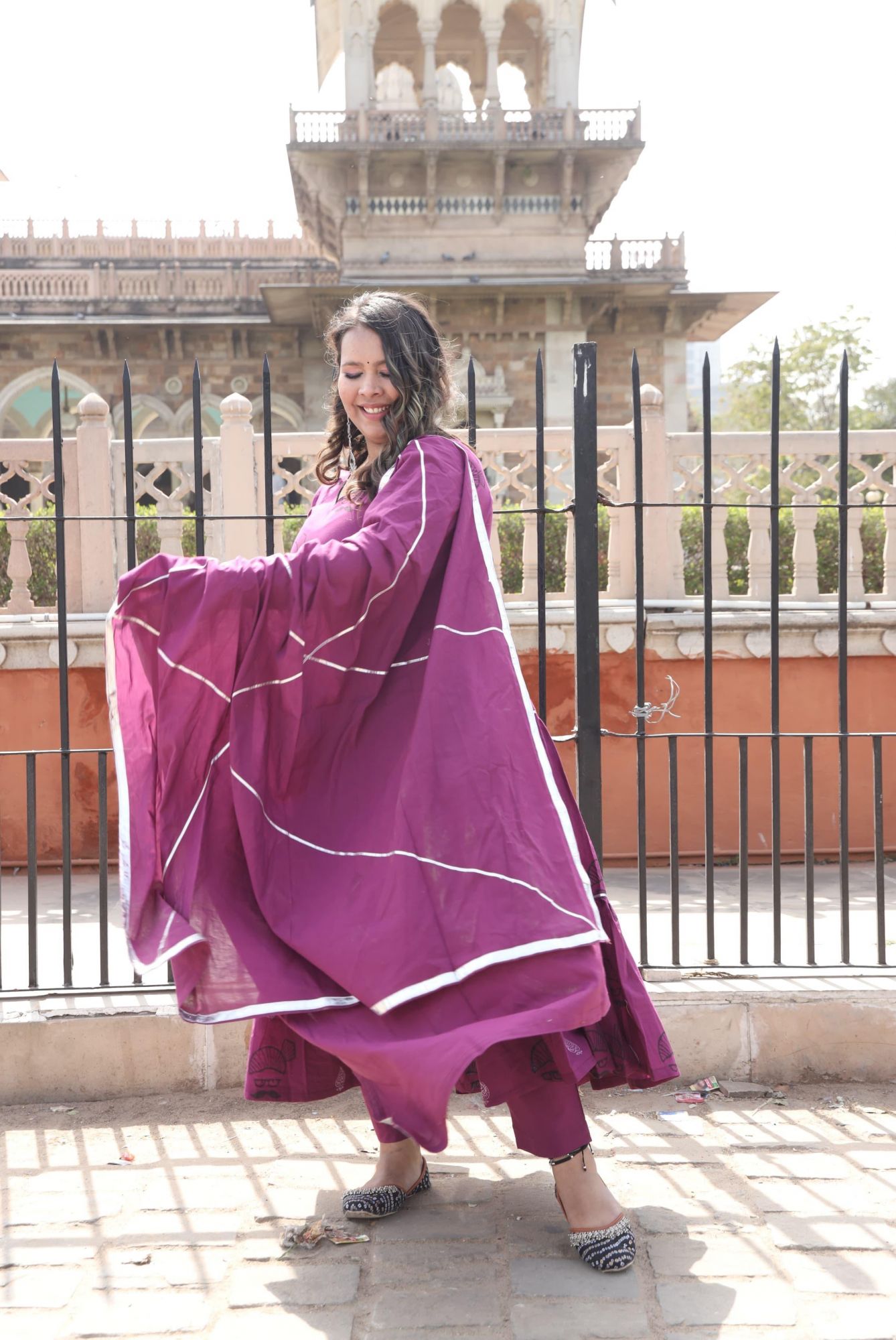 Wine Handblock Anarkali Set