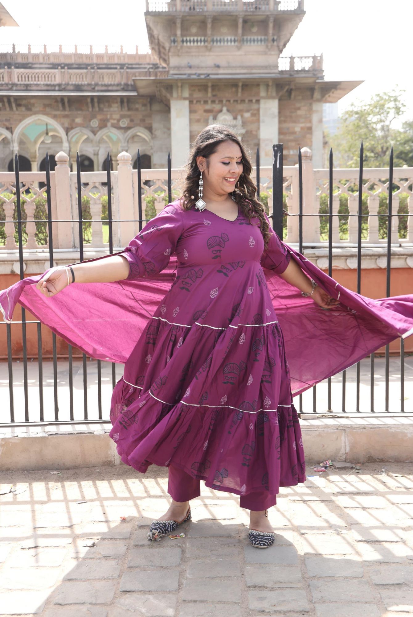 Wine Handblock Anarkali Set