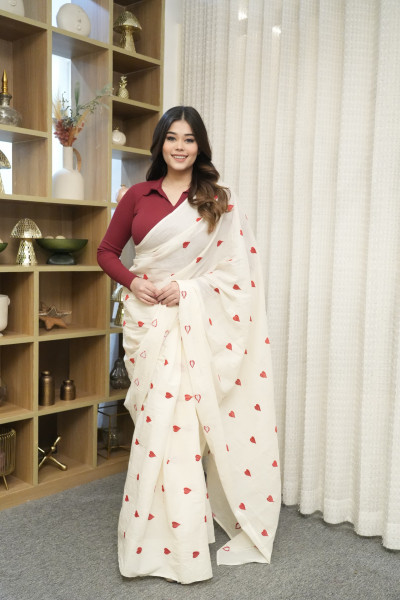 Image of Red Heart Embroidered Saree