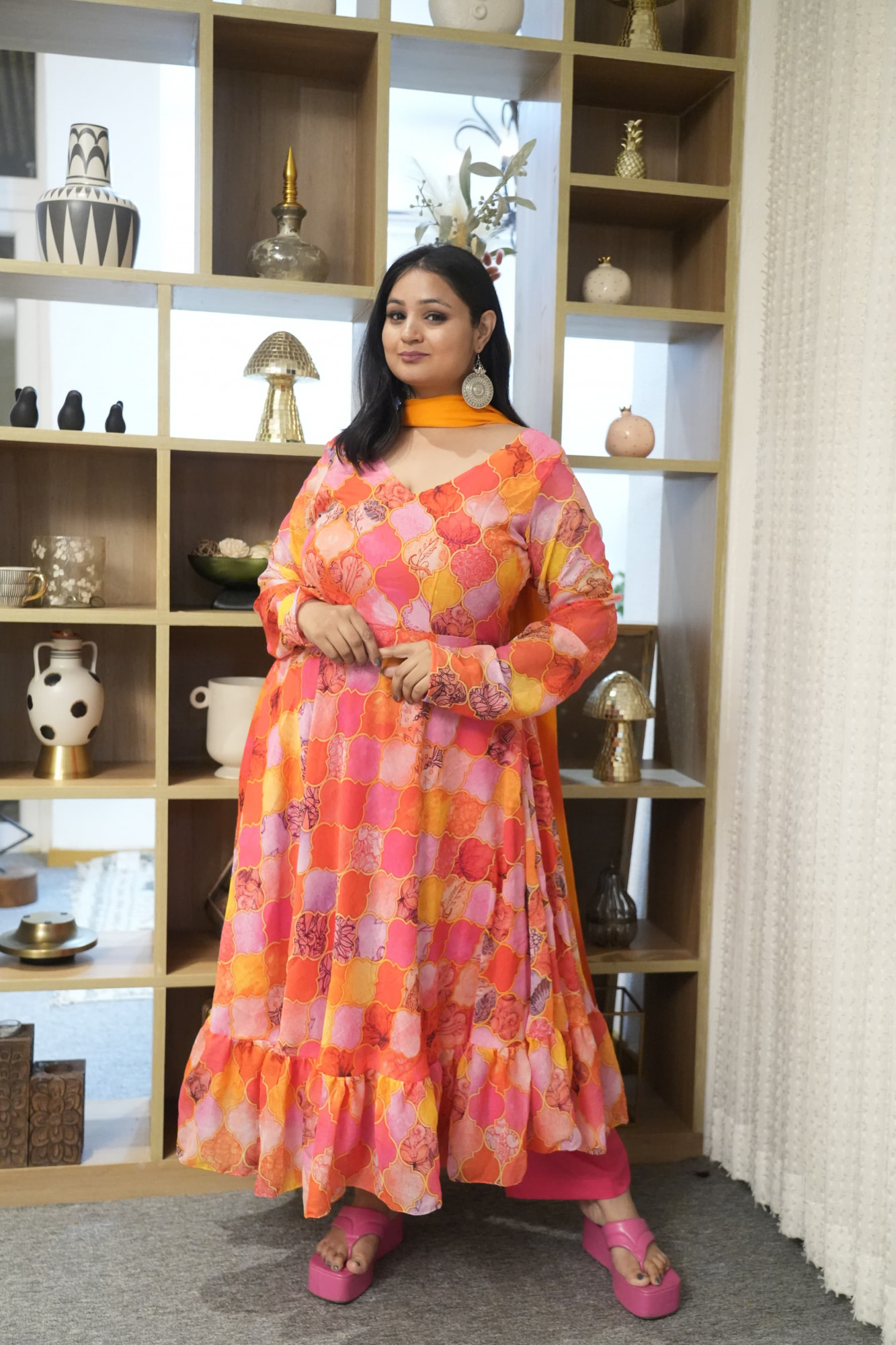 Shafaq Yellow and Orange Anarkali Set