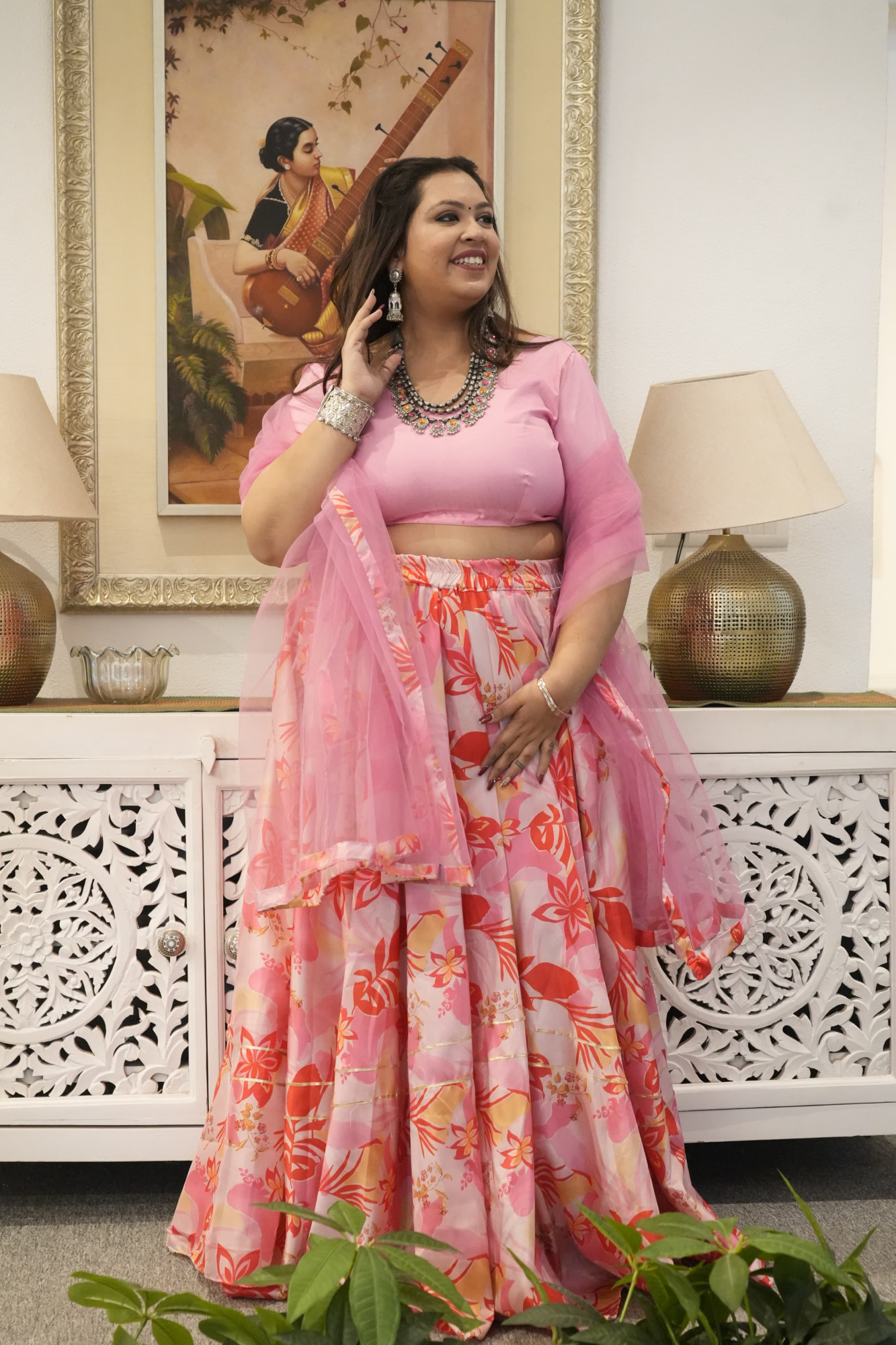 Peachy Leafy Printed Silk Lehenga Set
