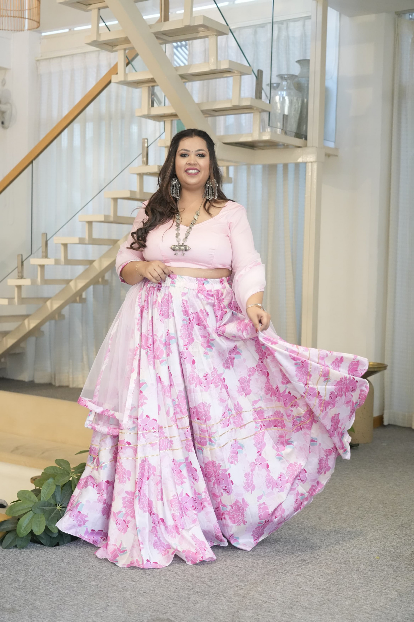 Shades Of Pink Rose Printed Silk Lehenga Set