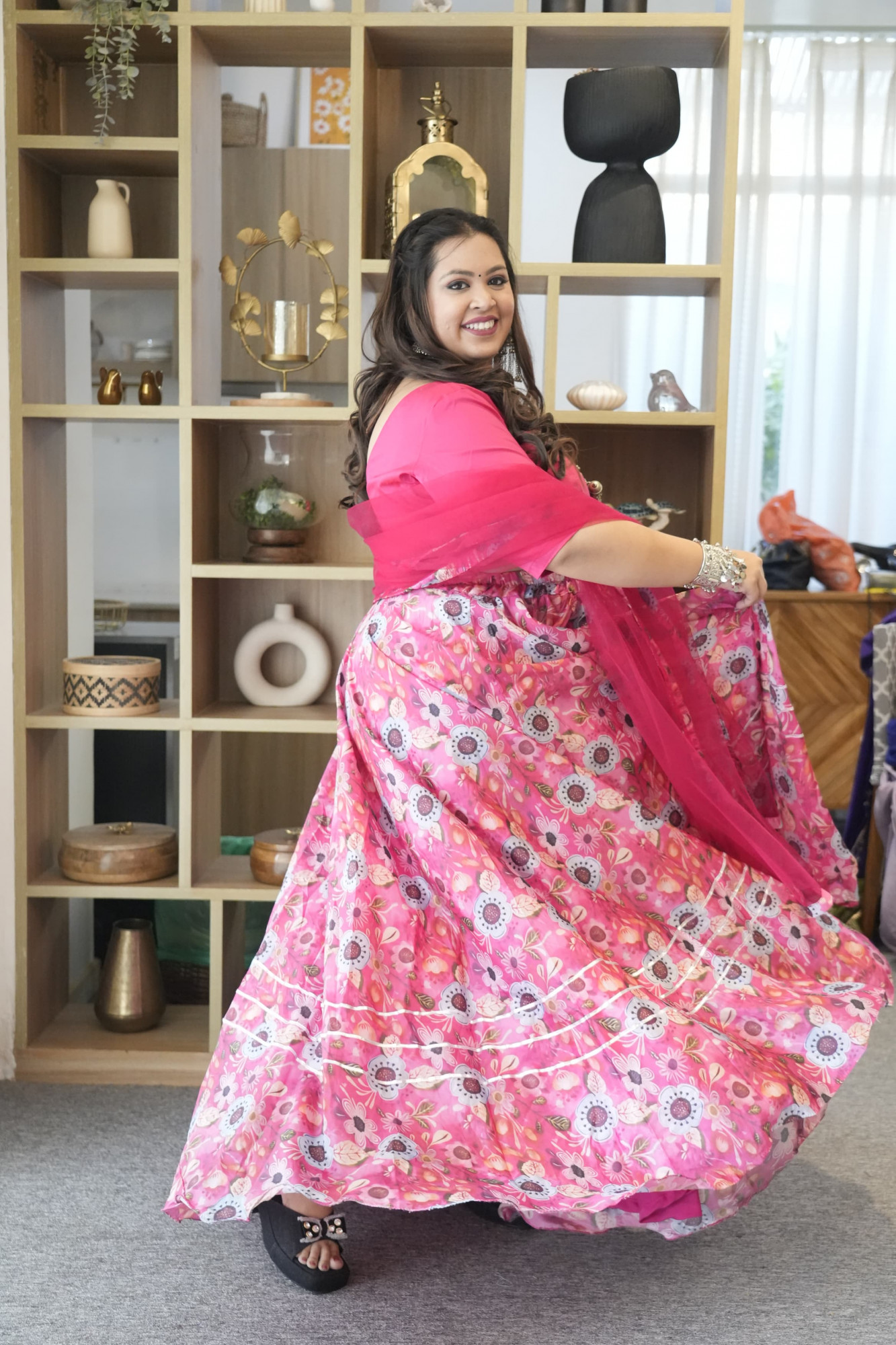 Coral Floral Silk Lehenga Set