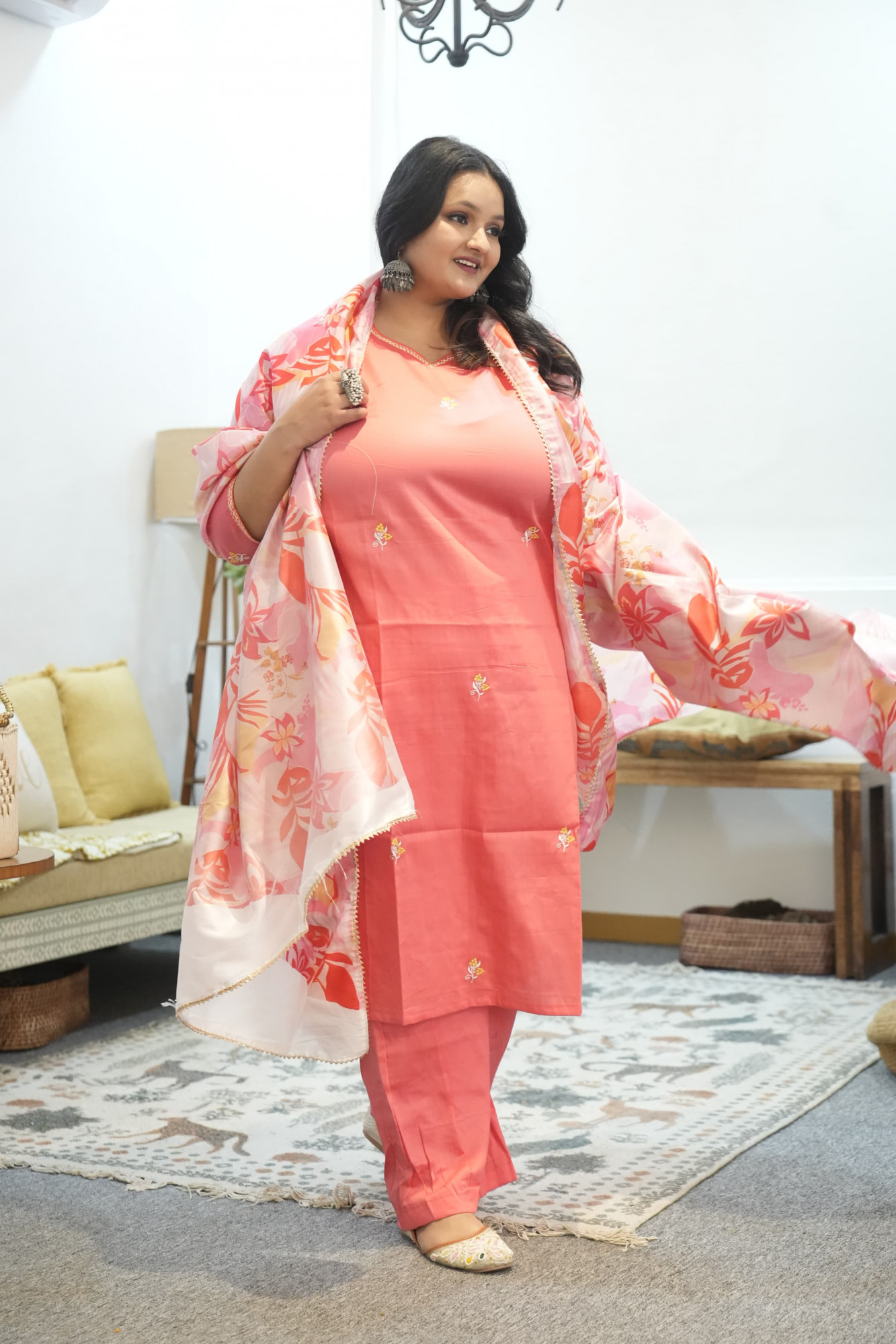 Peach Passion Embroidered Suit Set